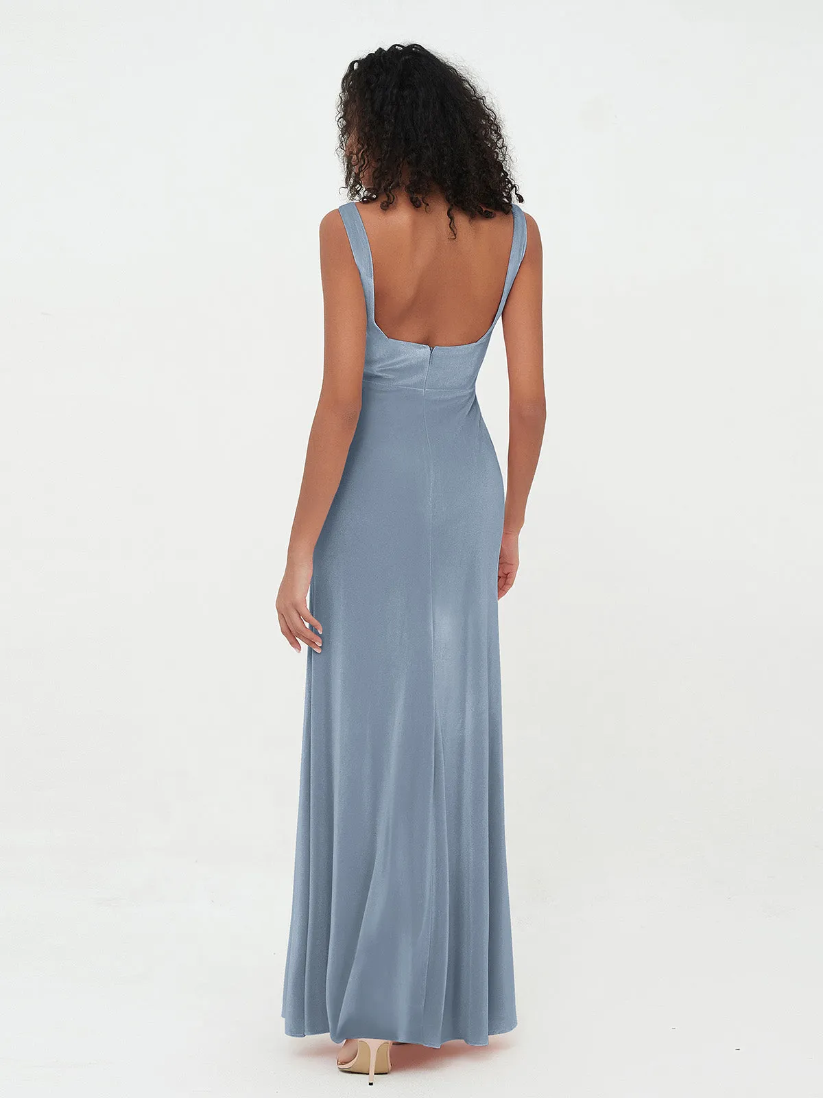 Bateau Neck Mermaid Long Velvet Dresses Dusty Blue