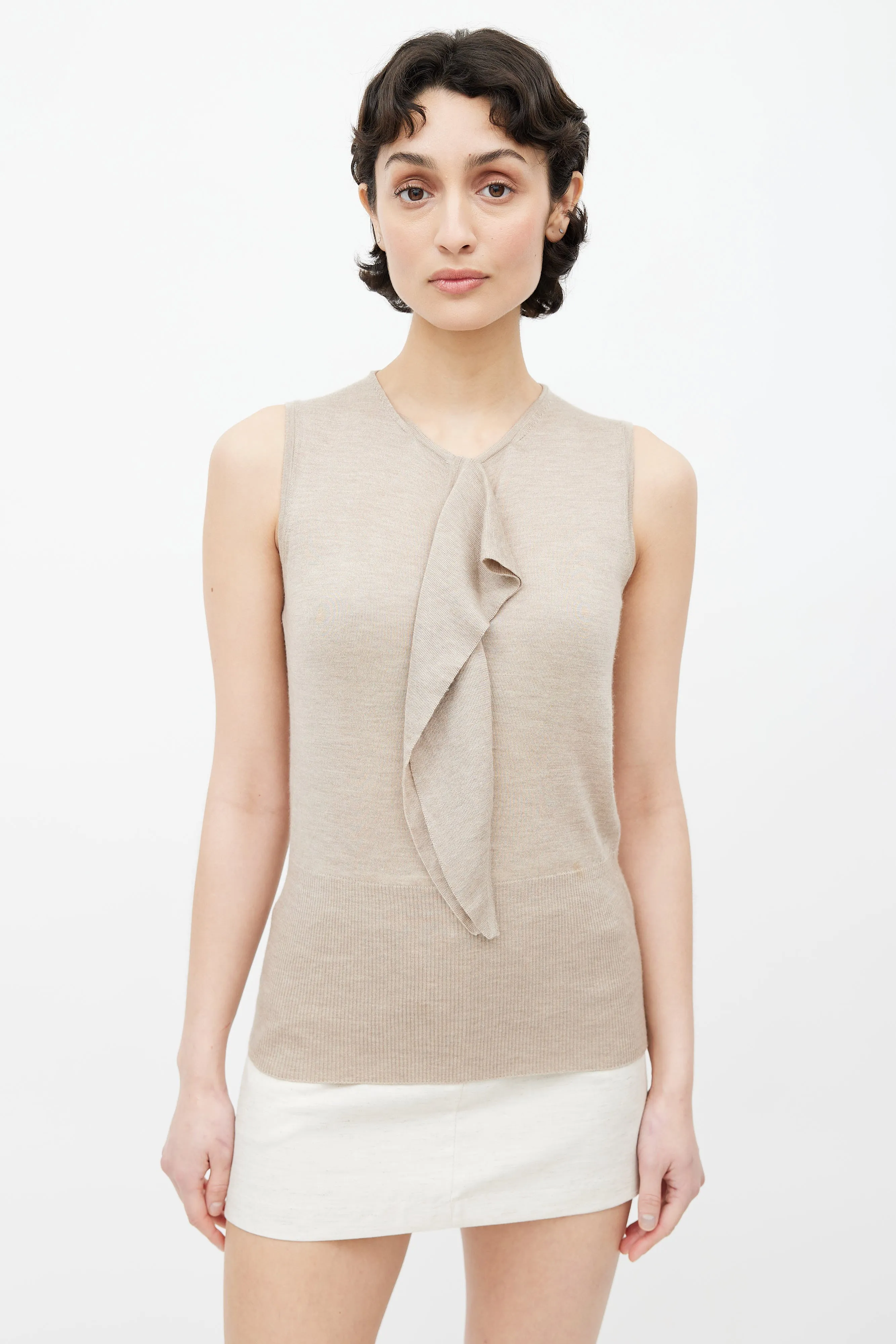 Beige Cashmere & Silk Blend Ruffle Top