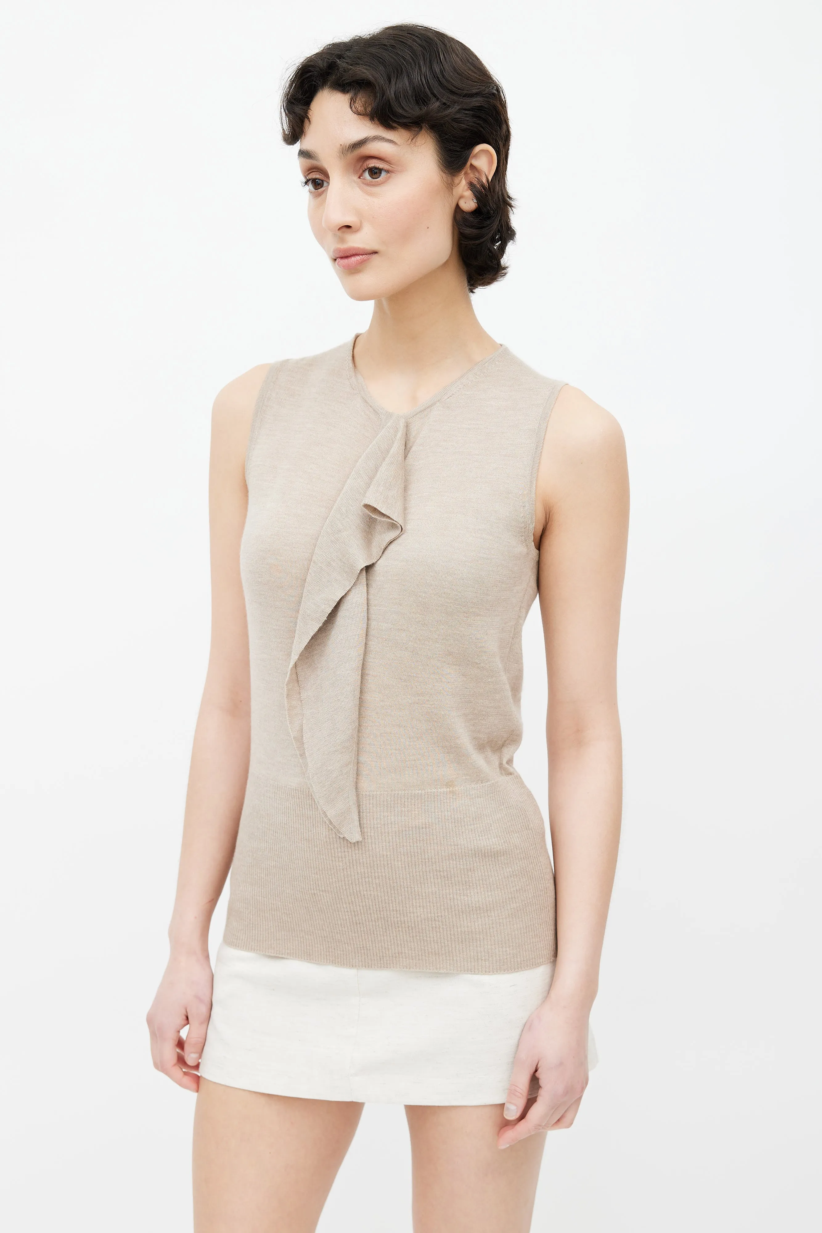 Beige Cashmere & Silk Blend Ruffle Top