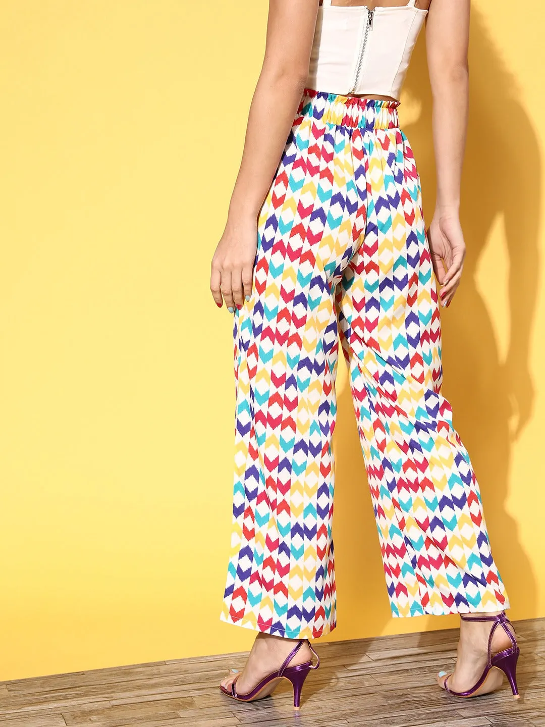 Berrylush Women White & Multicolour Geometric Printed High-Rise Waist Pleated Regular Trousers