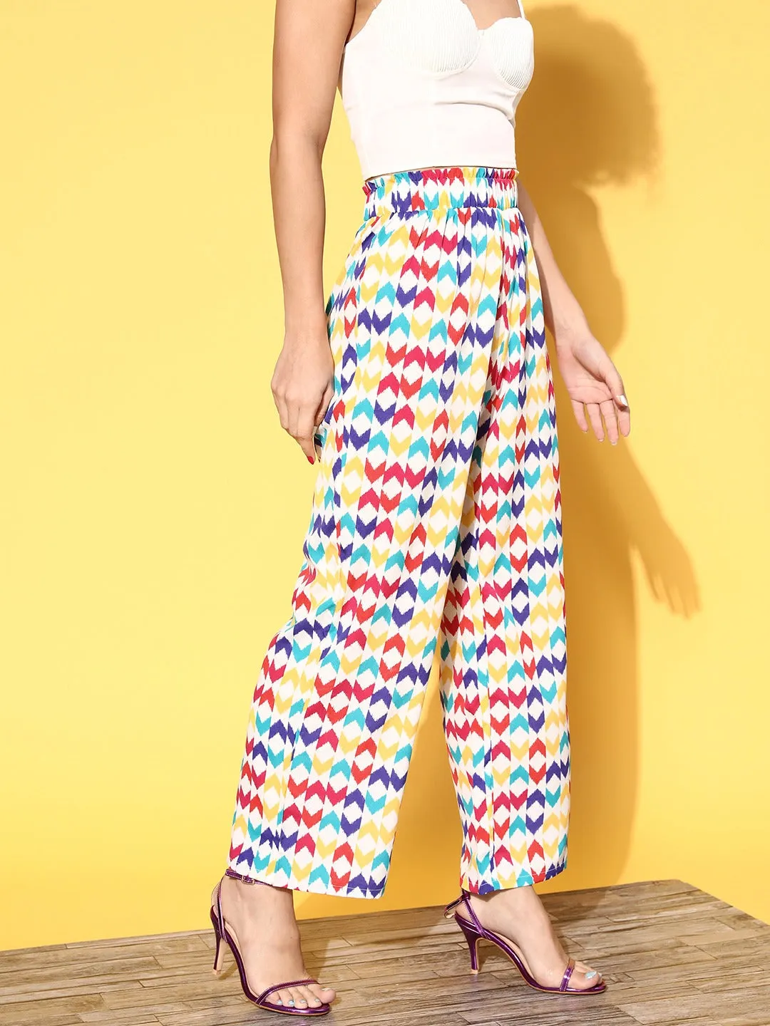 Berrylush Women White & Multicolour Geometric Printed High-Rise Waist Pleated Regular Trousers