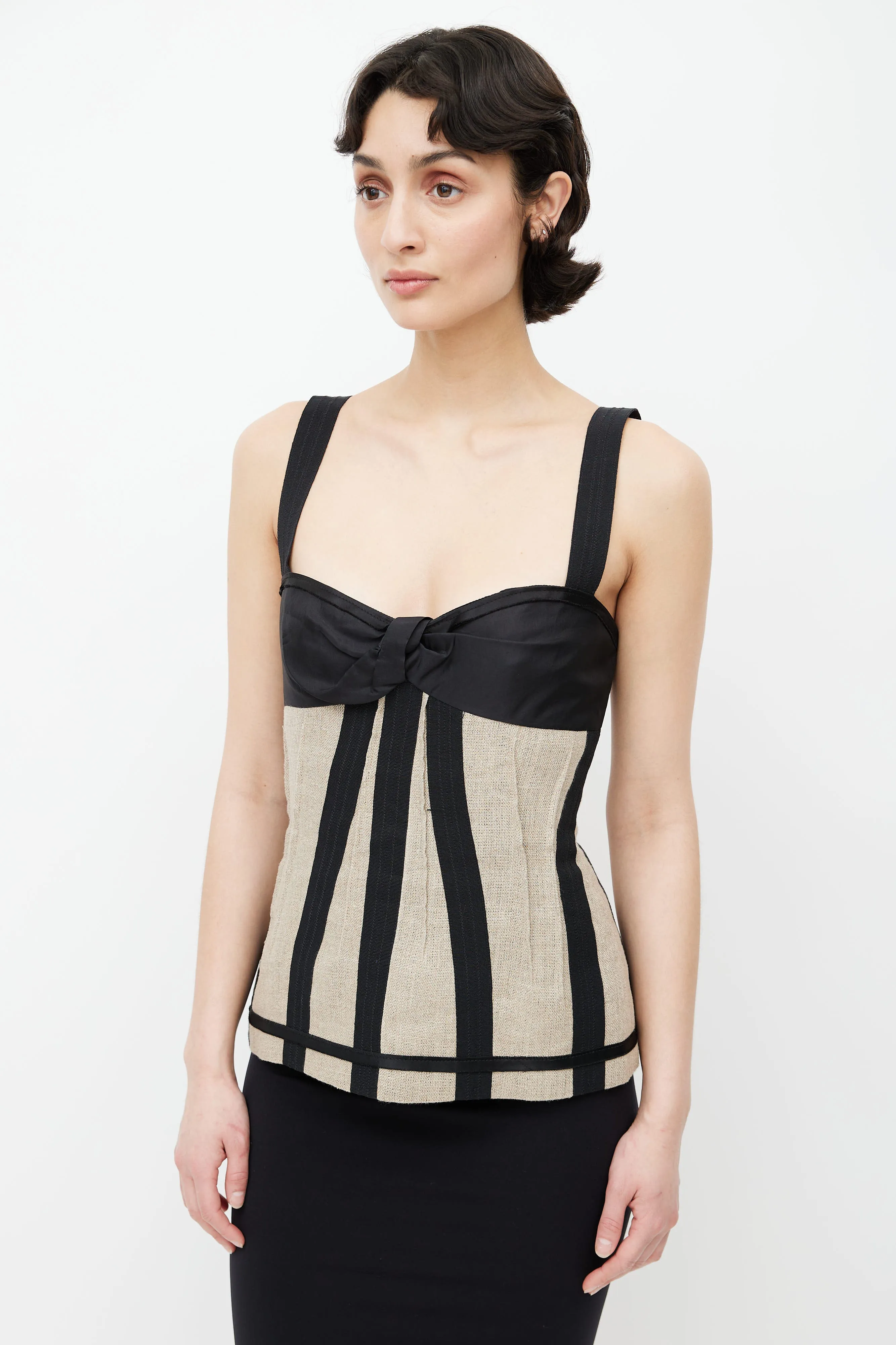 Black & Beige Linen Corset Top