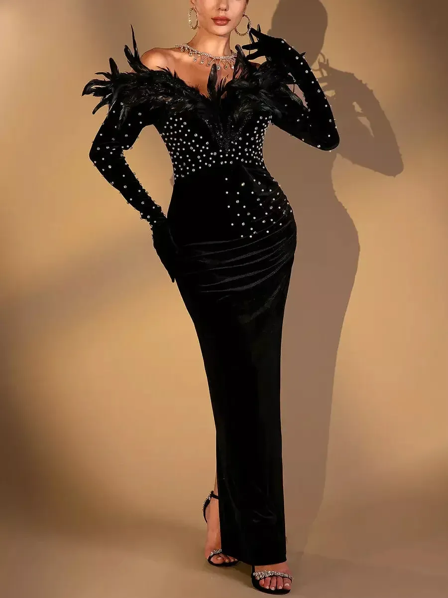 Black Feather and Velvet Gown with Pearl and Rhinestone Embroidery