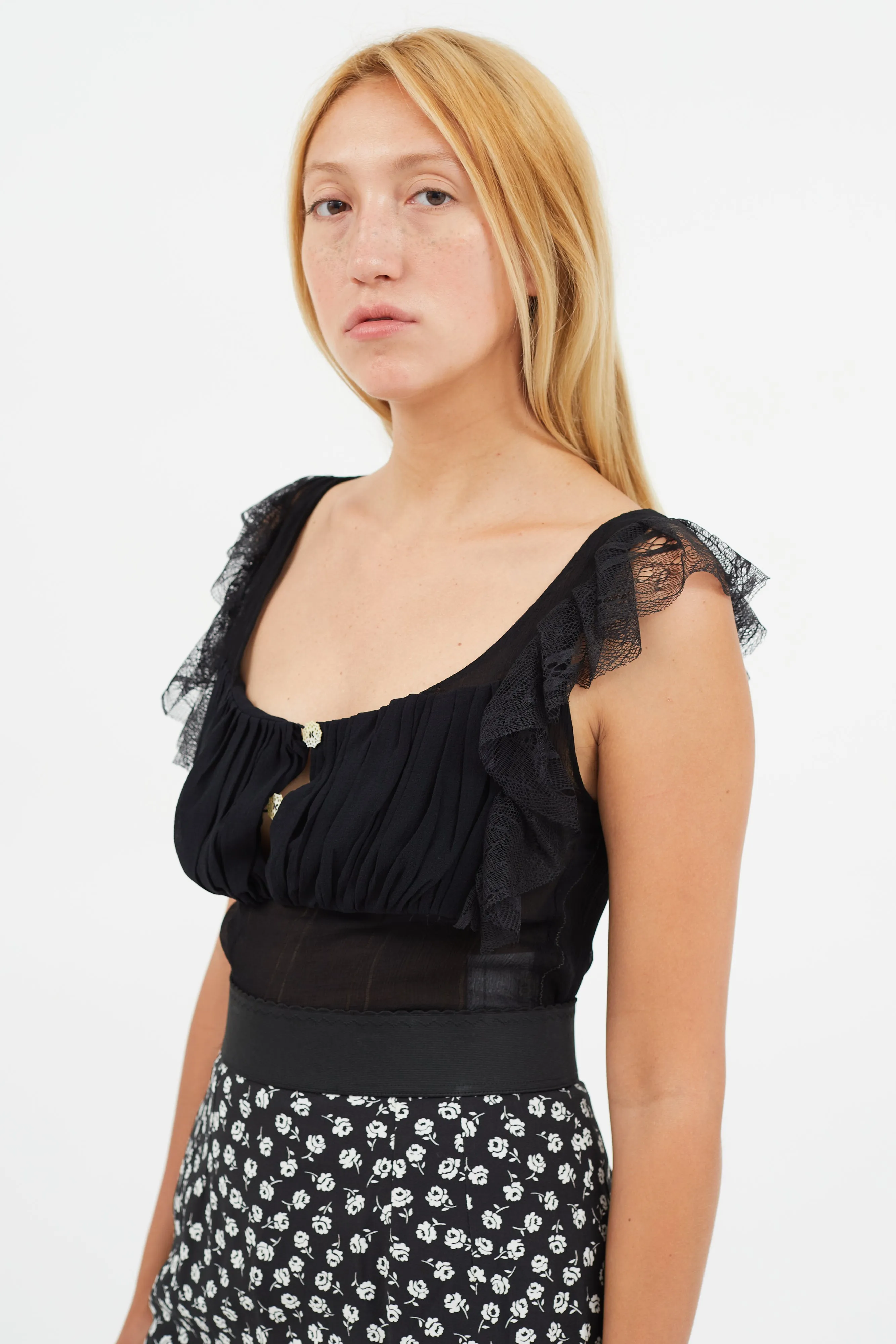 Black Silk Ruffled Top