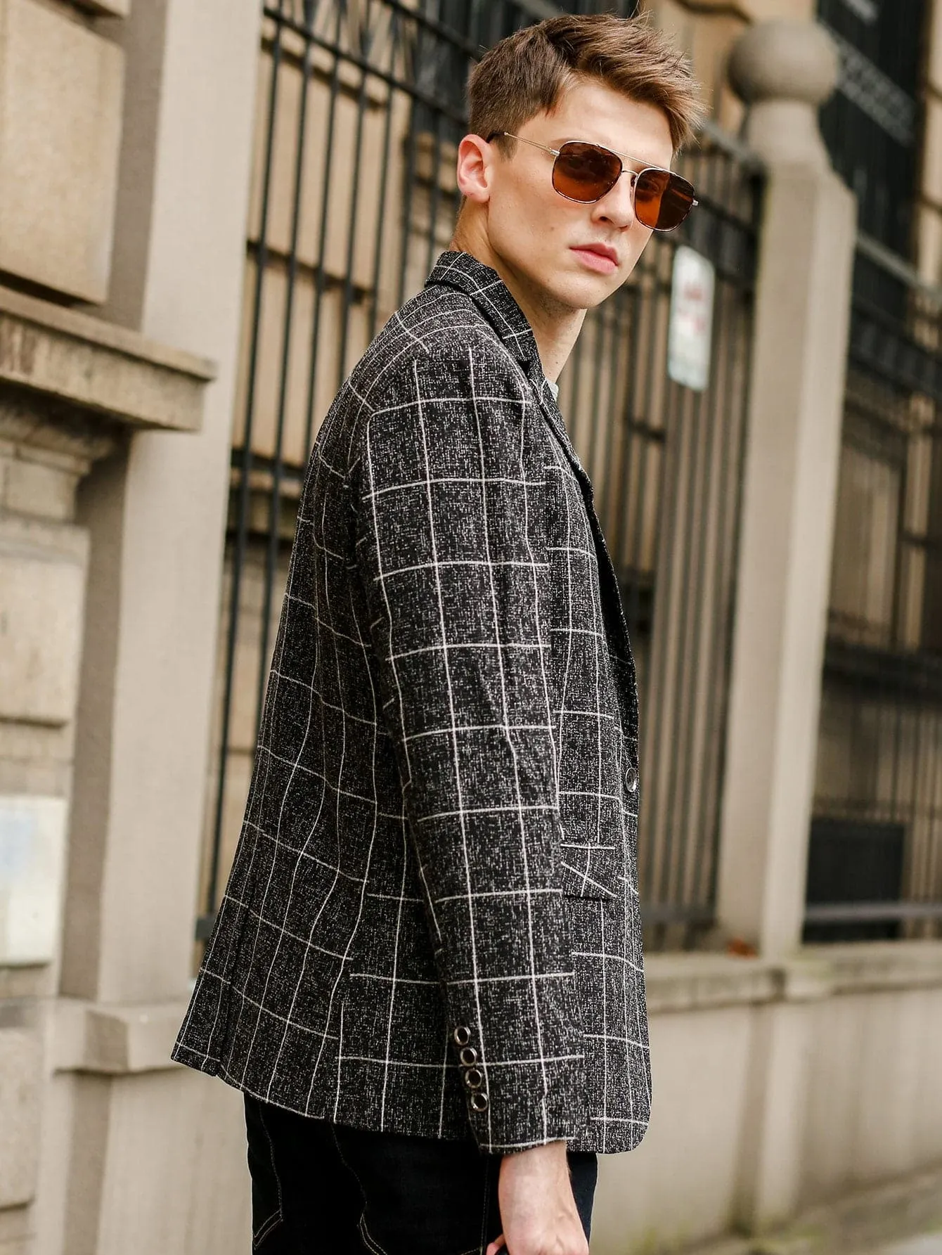 Black Single Breasted Grid Print Blazer