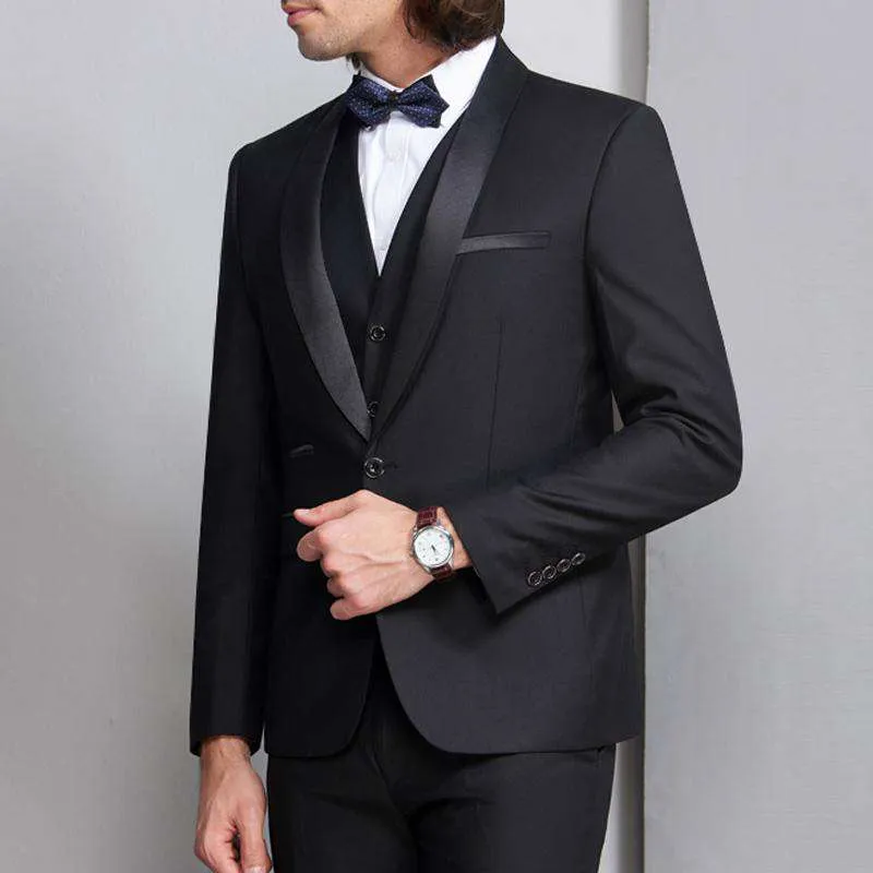 Black Three Piece Shawl Lapel Trim Fit Suits (Jacket Pants Vest)