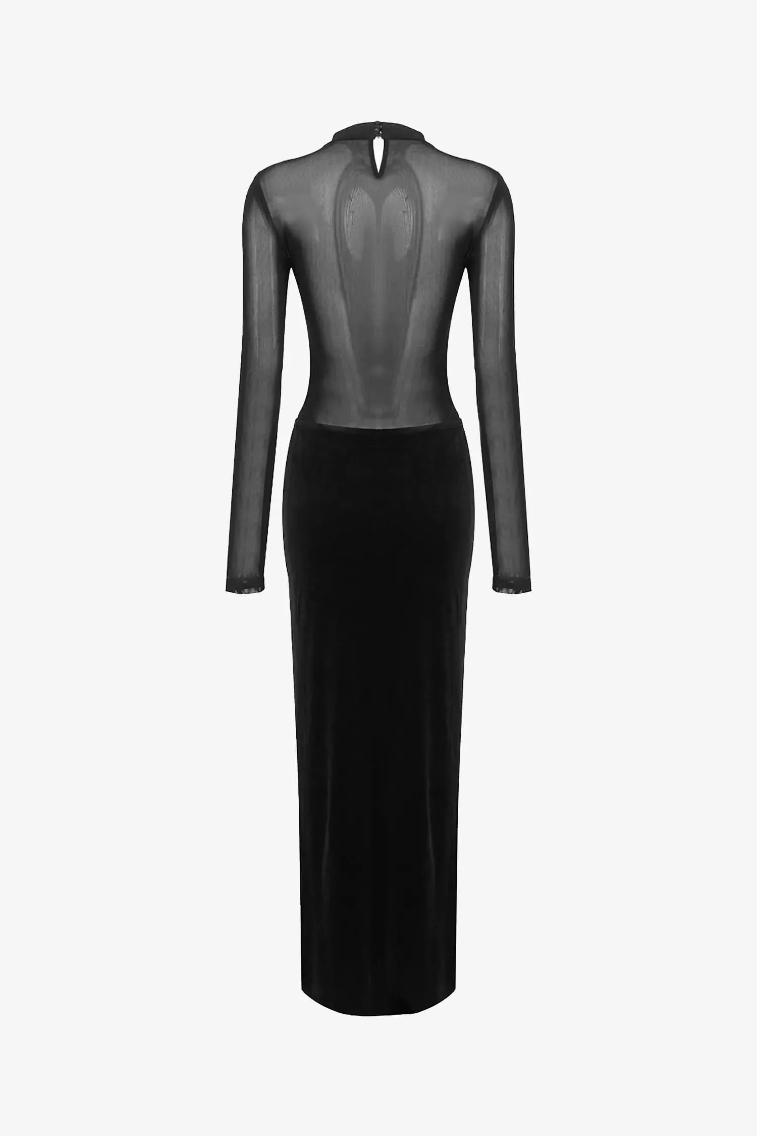 Black Velvet Mesh Long Sleeve Midi Dress