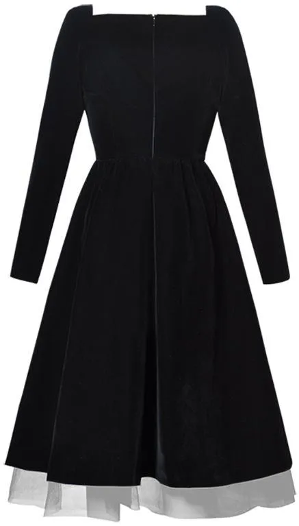 Black Velvet Mesh-Trim Dress