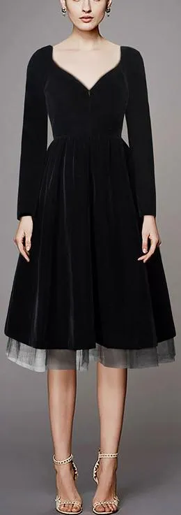 Black Velvet Mesh-Trim Dress