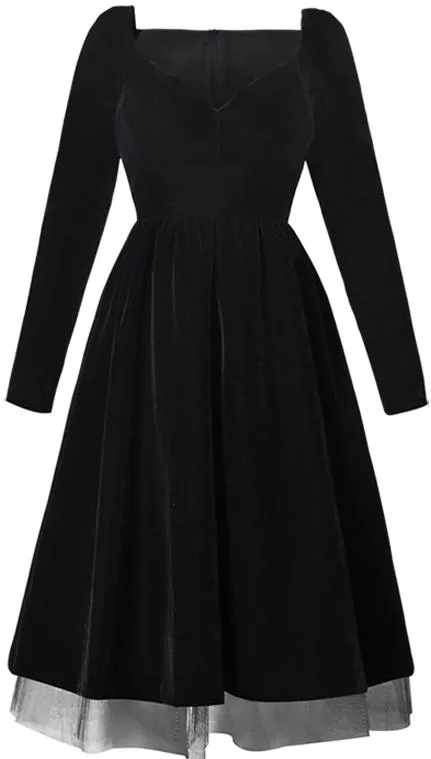 Black Velvet Mesh-Trim Dress