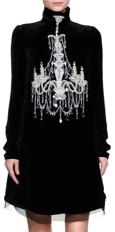 Black Velvet Mock-Neck Embellished Chandelier Dress