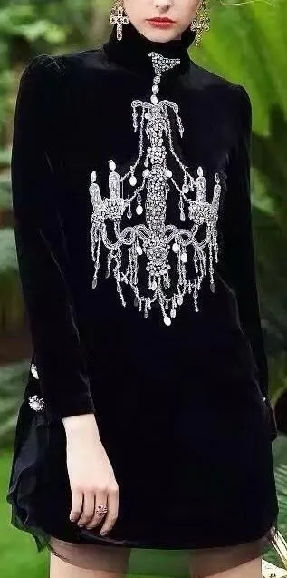 Black Velvet Mock-Neck Embellished Chandelier Dress