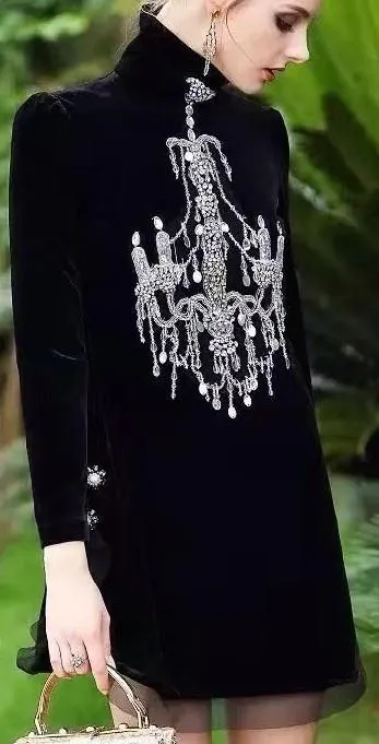 Black Velvet Mock-Neck Embellished Chandelier Dress