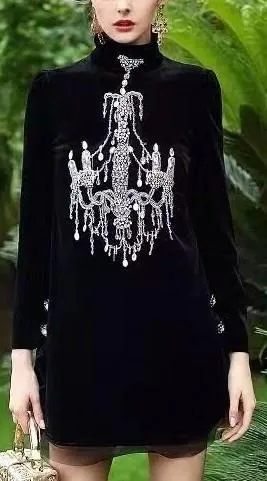 Black Velvet Mock-Neck Embellished Chandelier Dress