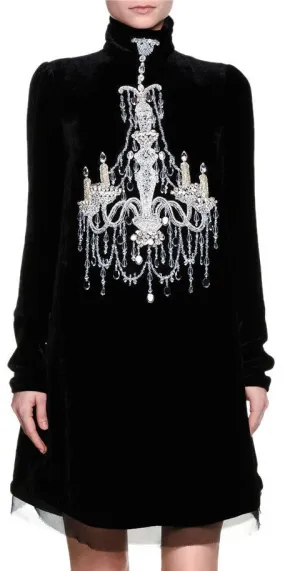 Black Velvet Mock-Neck Embellished Chandelier Dress