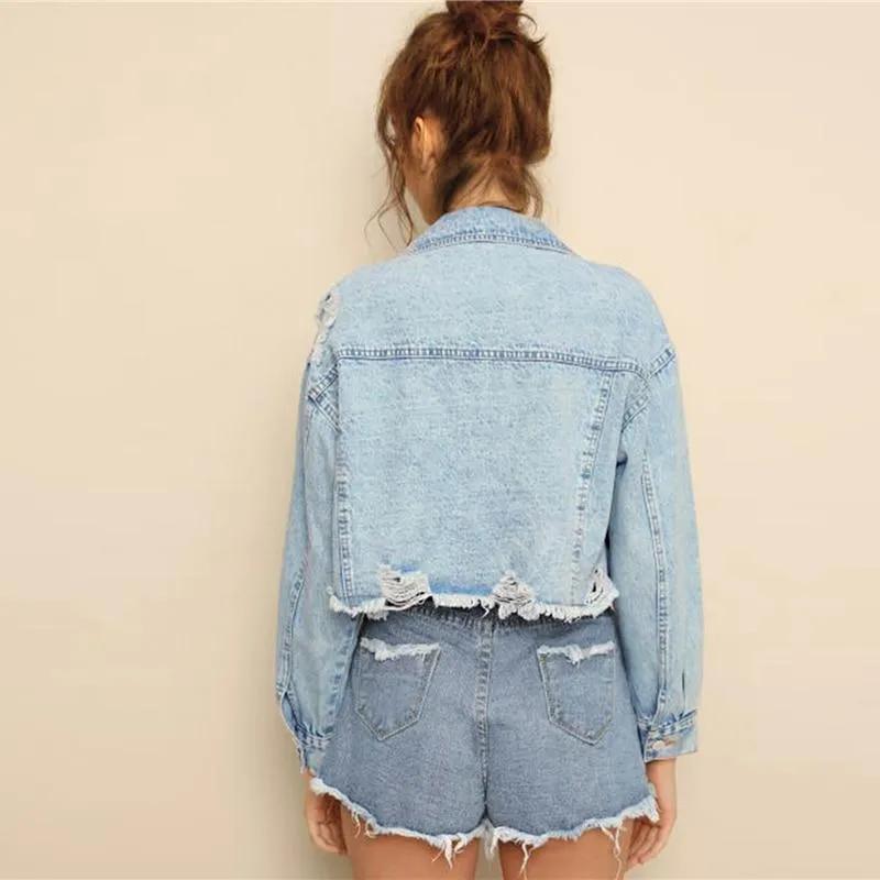 Blue Ripped Frayed Edge Flakes Crop Denim Jeans Jacket Women Spring Autumn Single Breasted Casual Outwear Coat Jackets