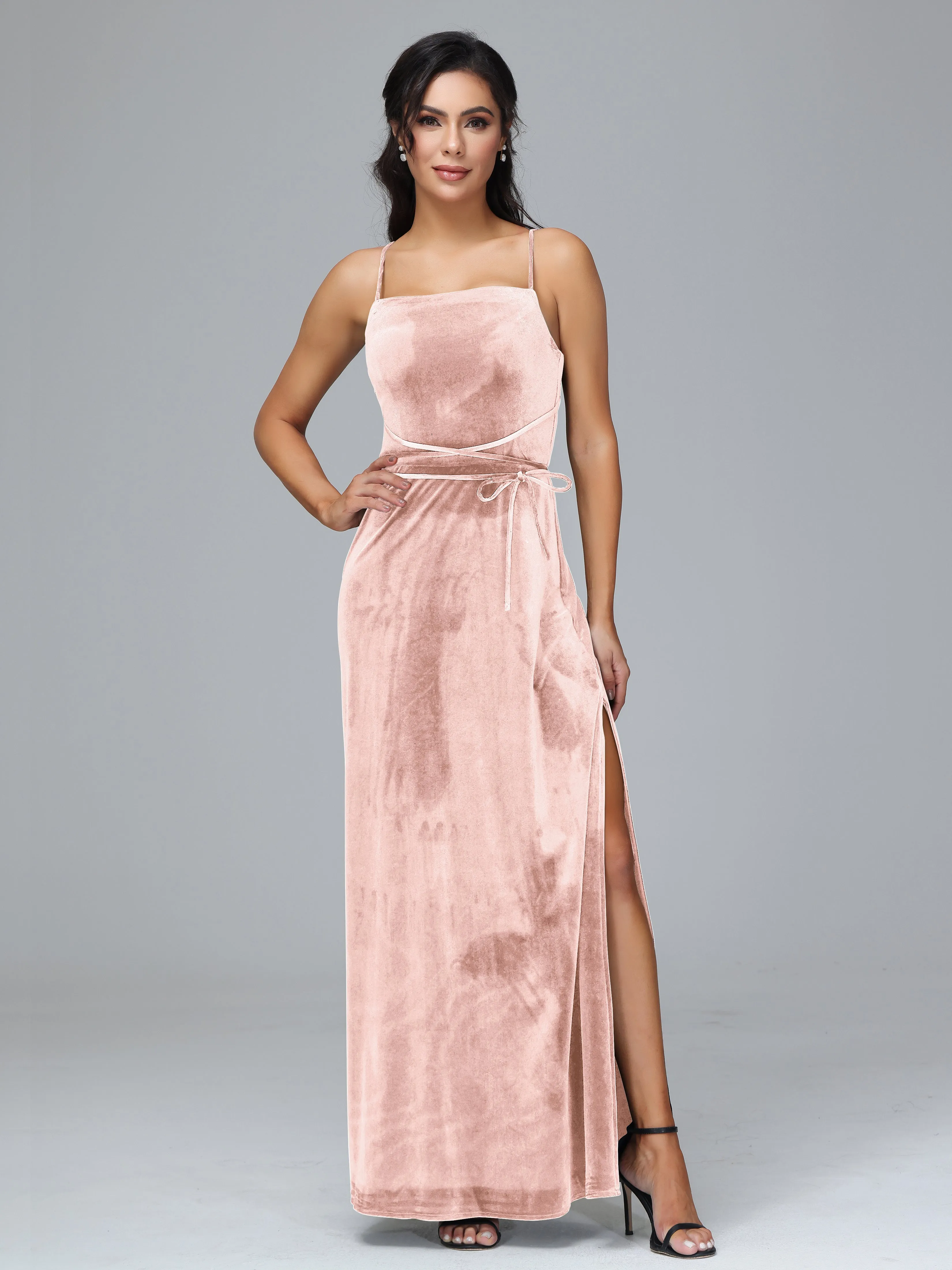 Column Spaghetti Straps Velvet Bridesmaid Dresses