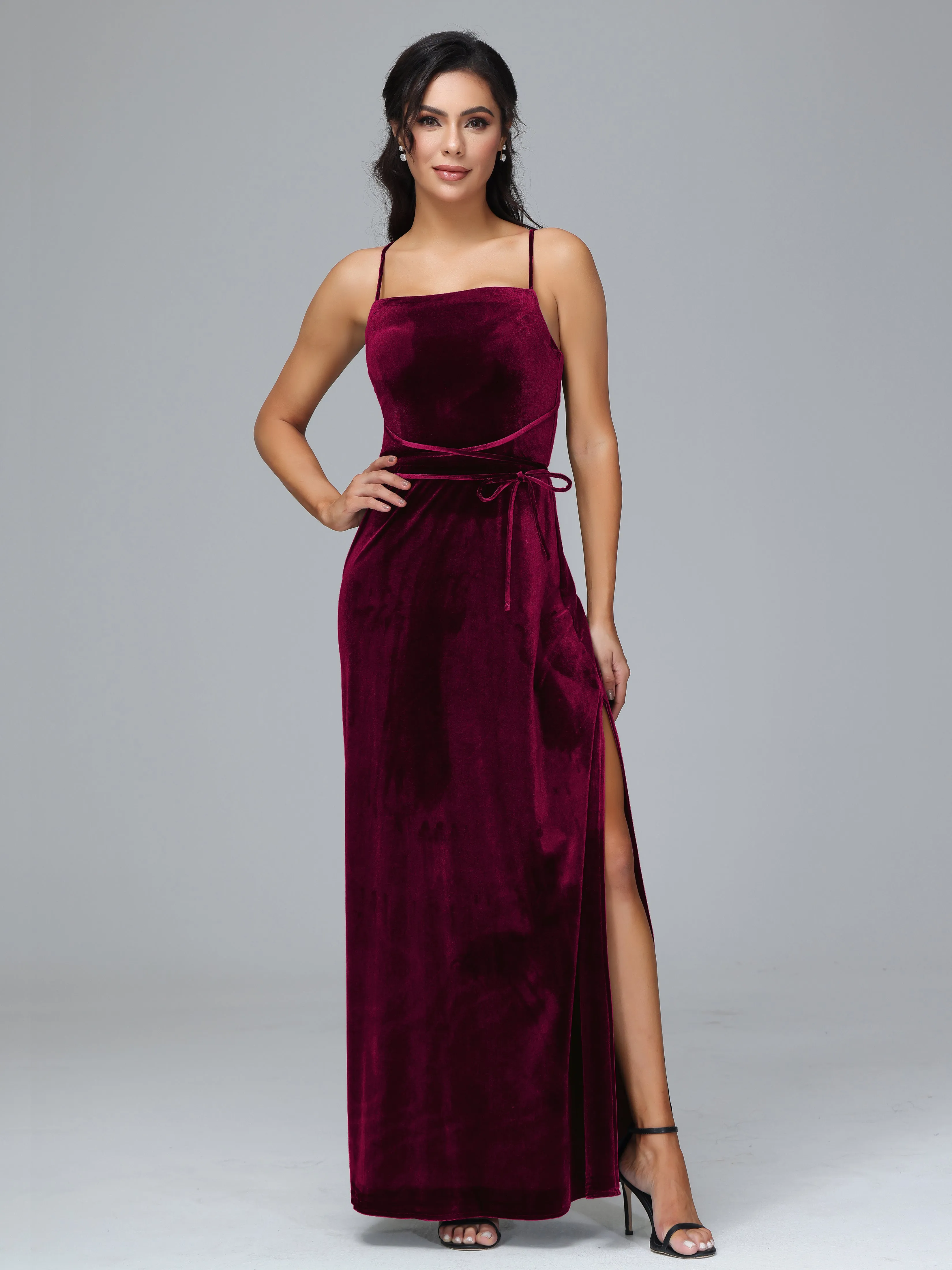 Column Spaghetti Straps Velvet Bridesmaid Dresses