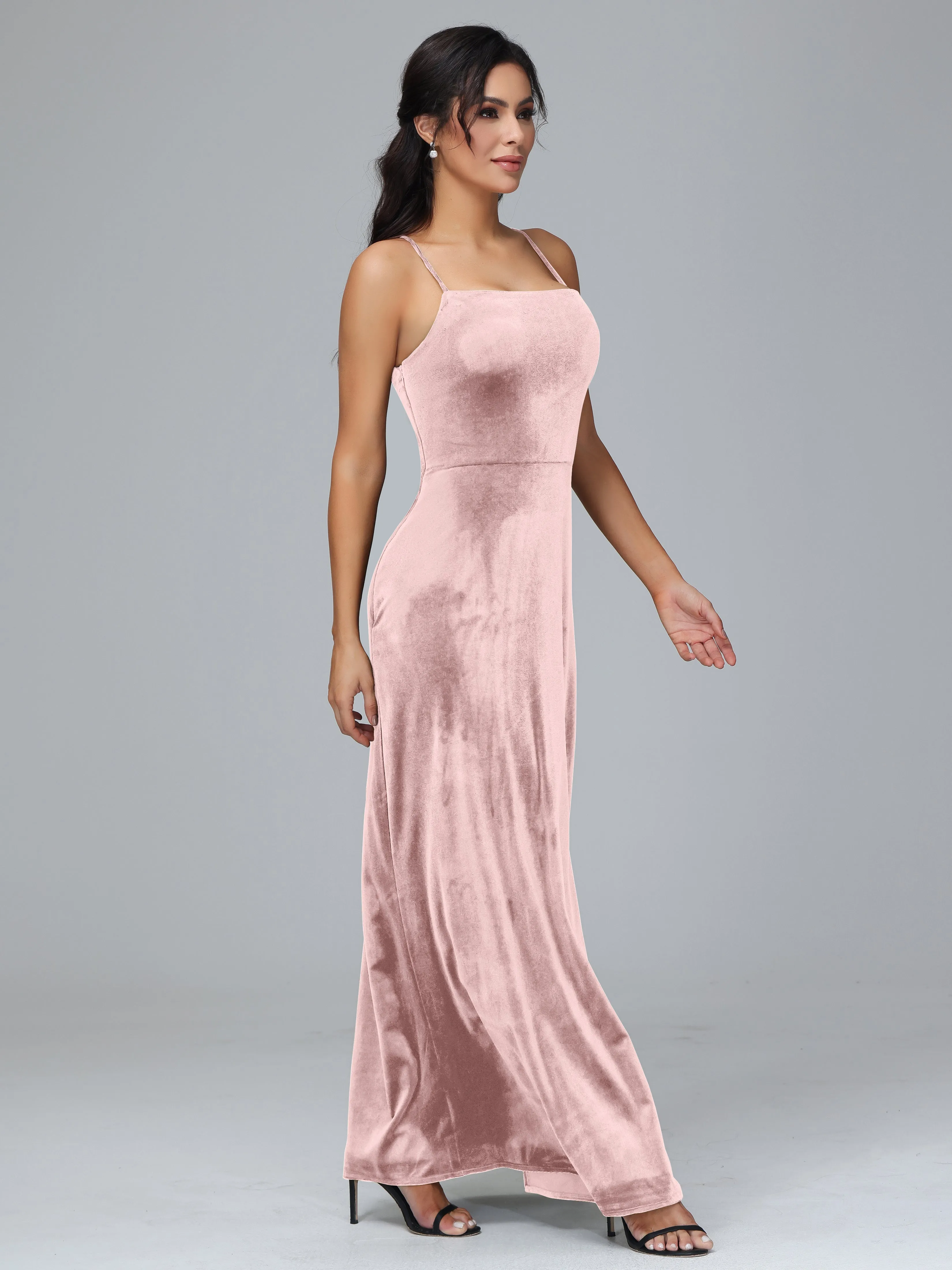 Column Spaghetti Straps Velvet Bridesmaid Dresses