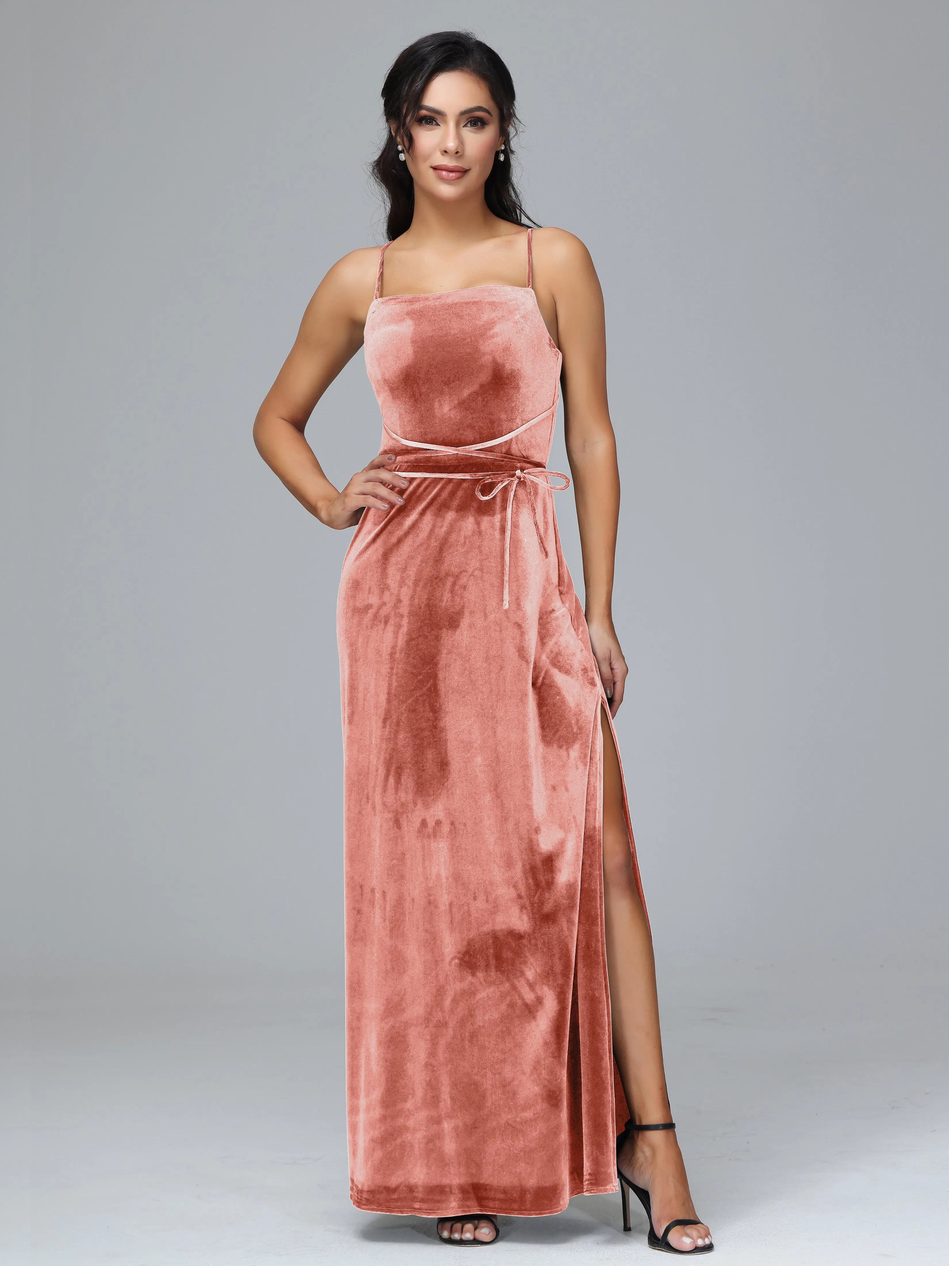 Column Spaghetti Straps Velvet Bridesmaid Dresses