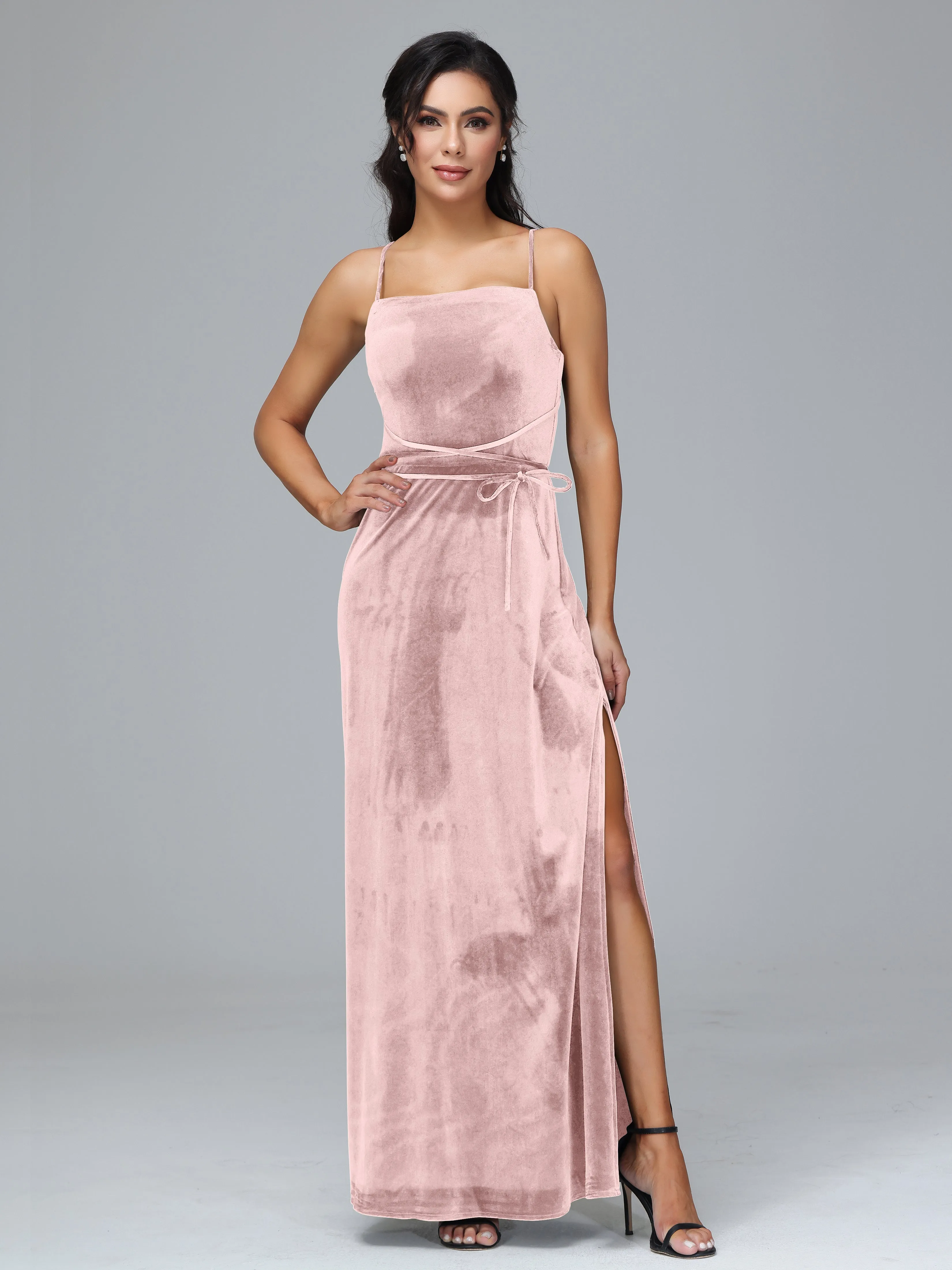 Column Spaghetti Straps Velvet Bridesmaid Dresses