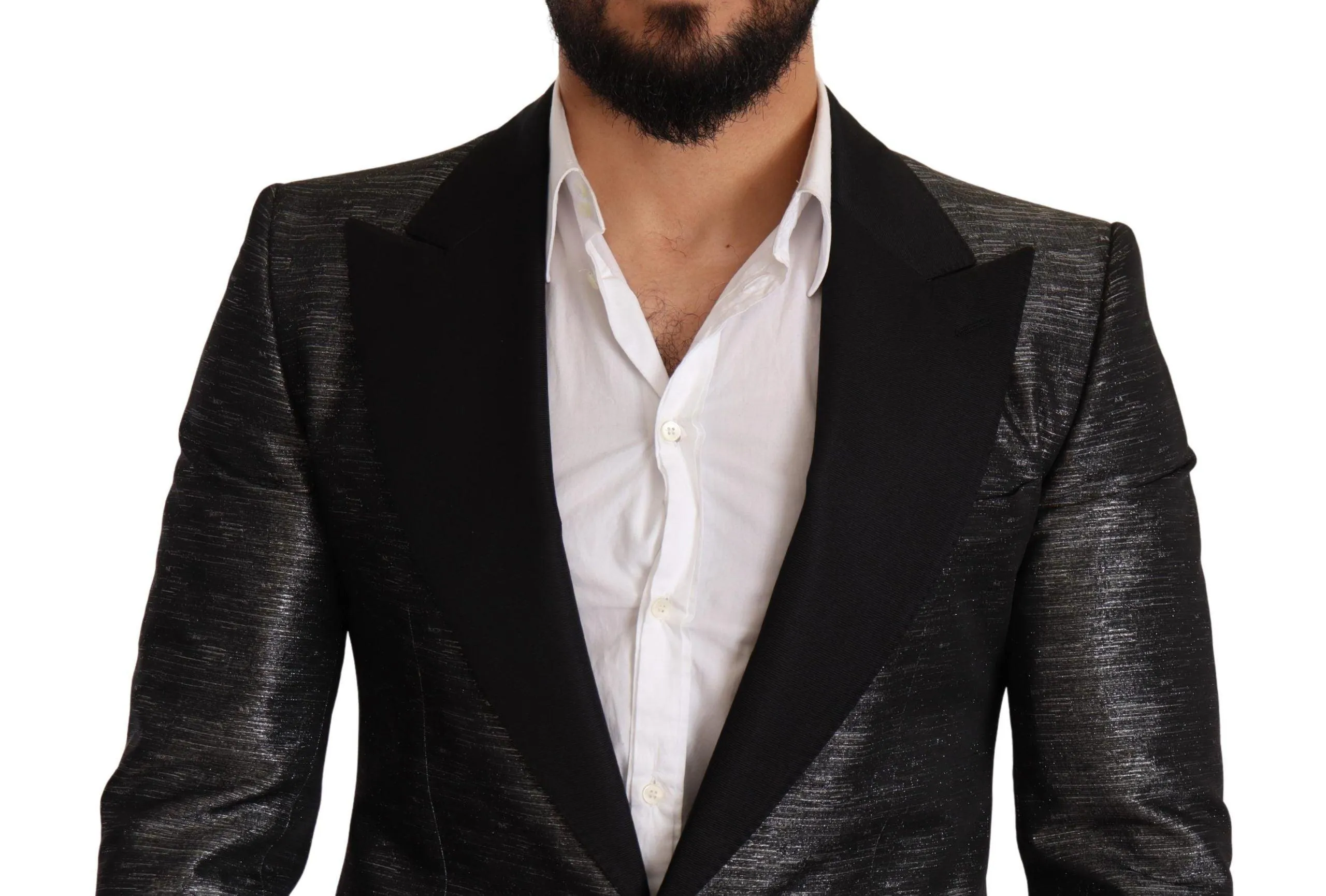 Dolce & Gabbana Gray Metallic Black Slim Tuxedo Blazer