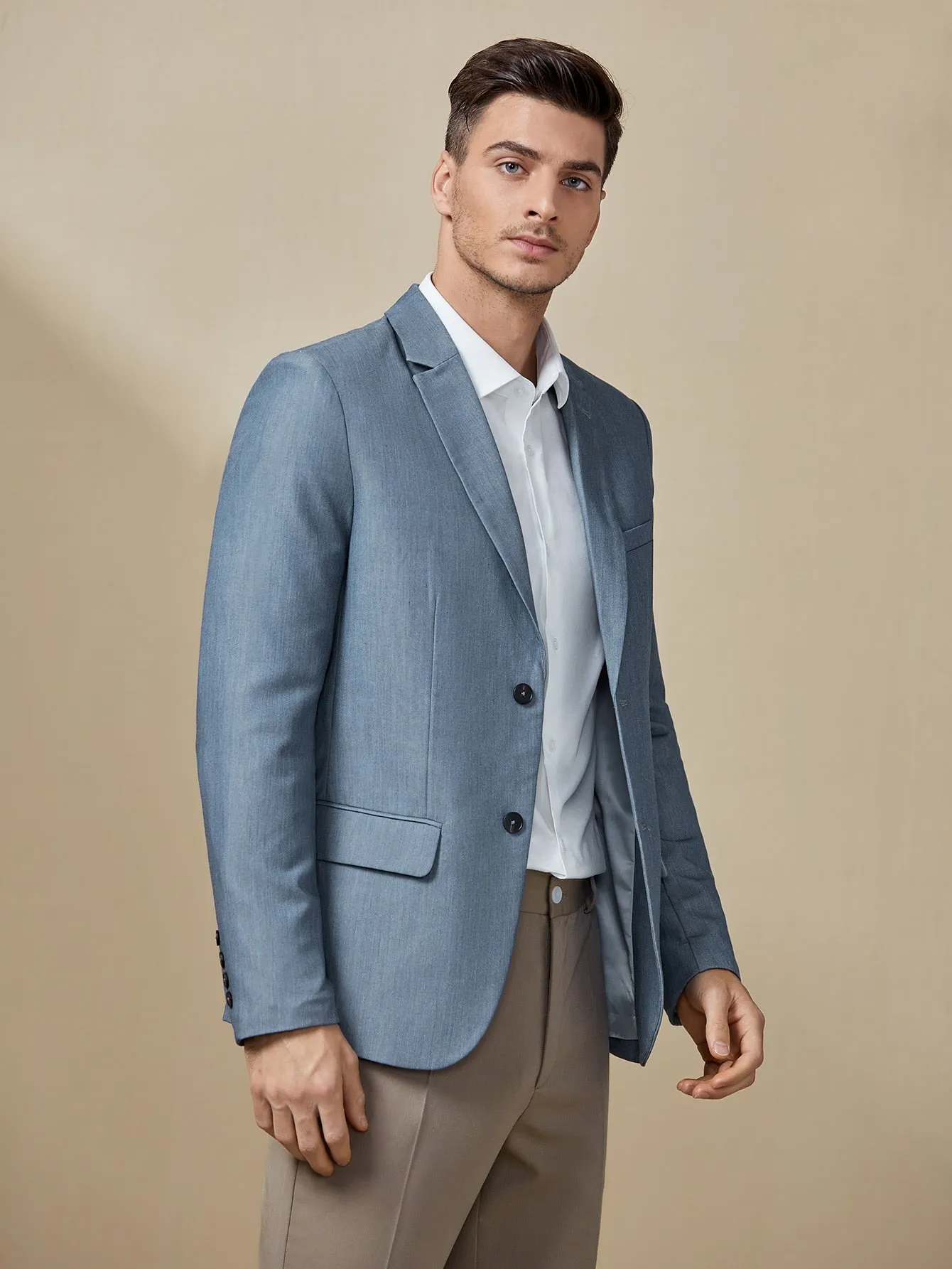 Dusty Blue Single Breasted Peak Collar Solid Blazer