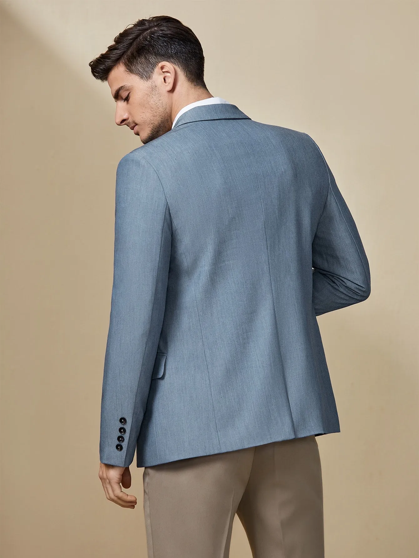 Dusty Blue Single Breasted Peak Collar Solid Blazer