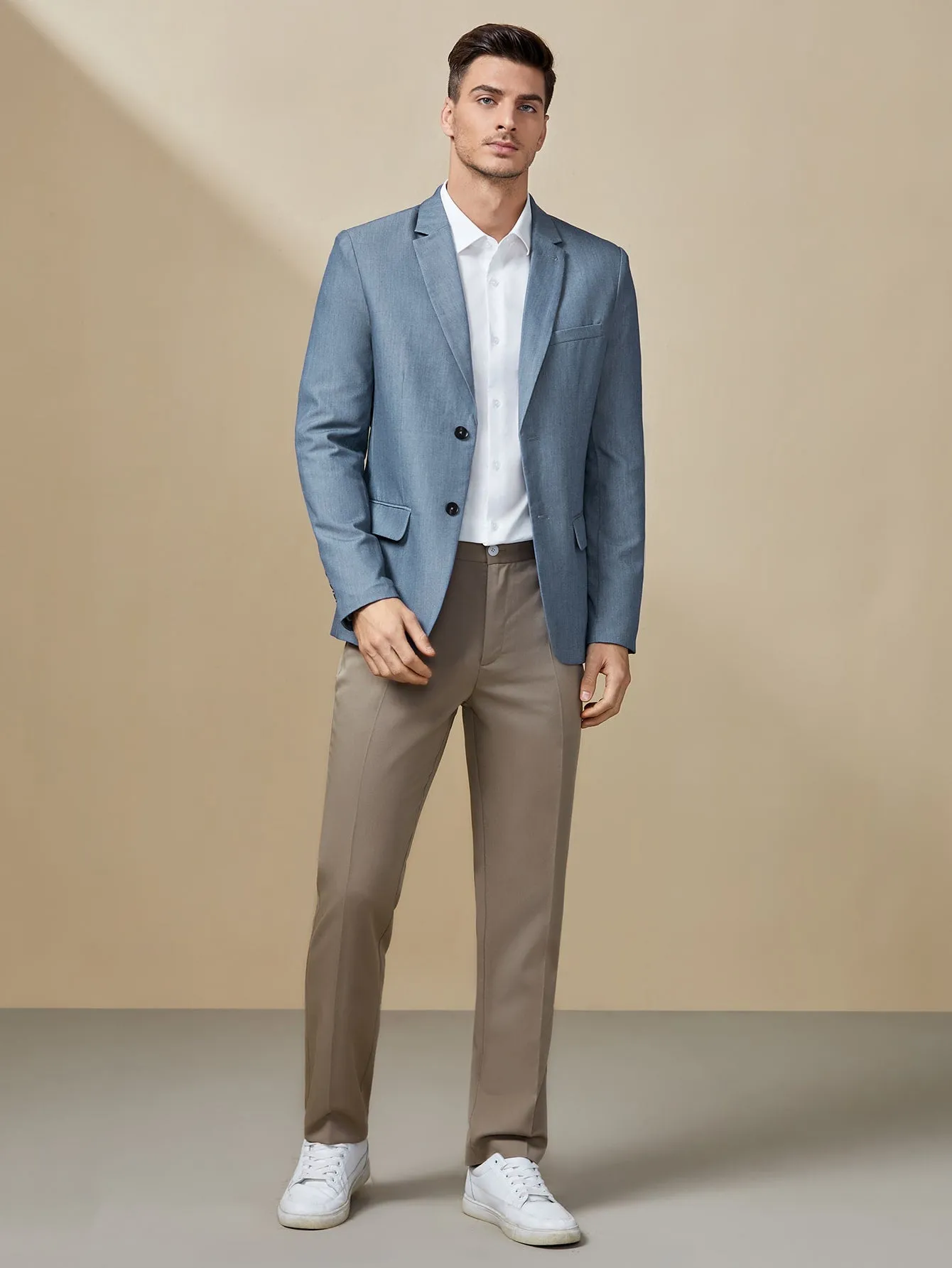 Dusty Blue Single Breasted Peak Collar Solid Blazer