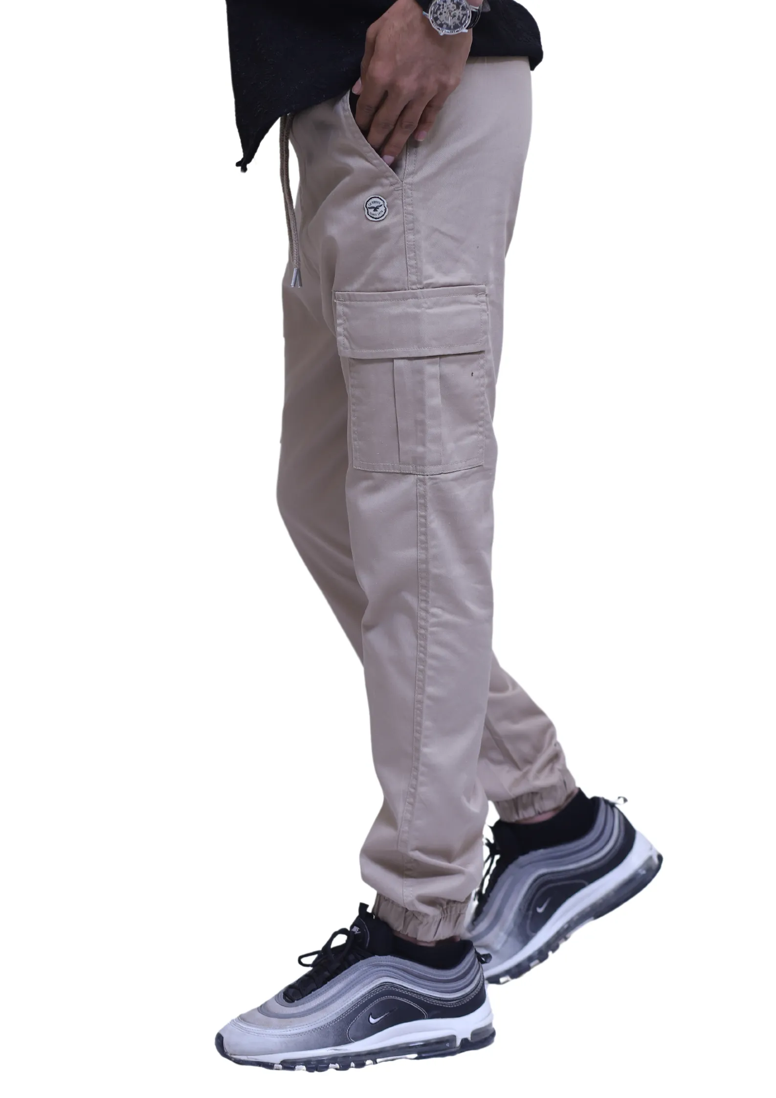 Elasticated Waist Cuffed Cargo Pants in Stone