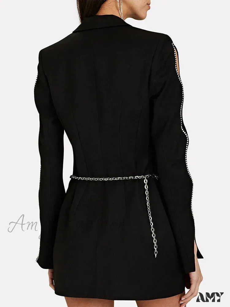 Elegant Deep V Neck Long Sleeve Spliced Chain Solid Slim Patchwork Diamonds Autumn Style Blazer