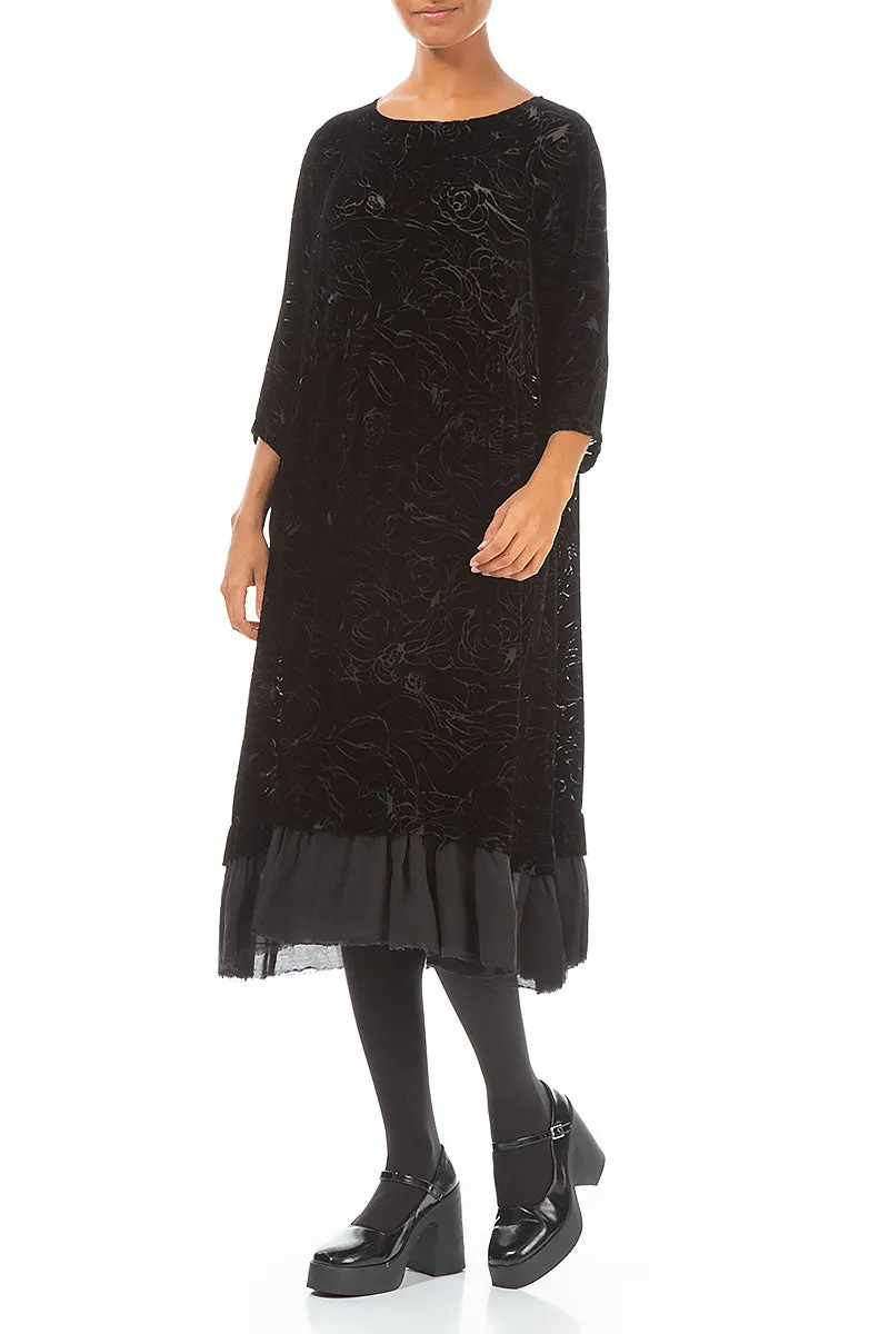 Flared Devoré Roses Black Silk Velvet Dress