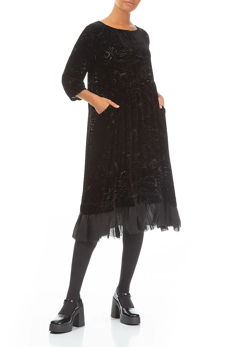 Flared Devoré Roses Black Silk Velvet Dress