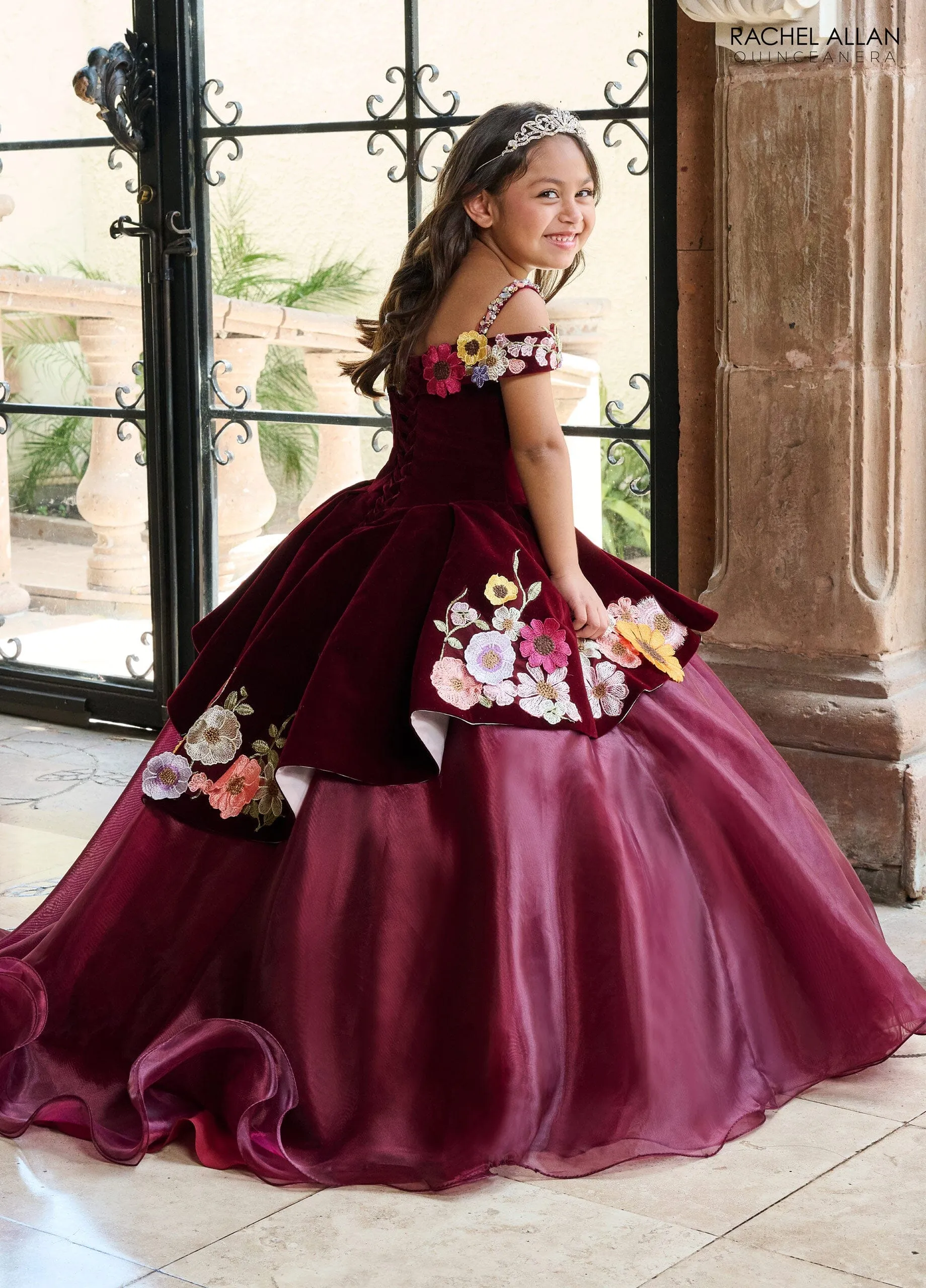 Girl's Floral Velvet Off Shoulder Gown by Rachel Allan RQ4044