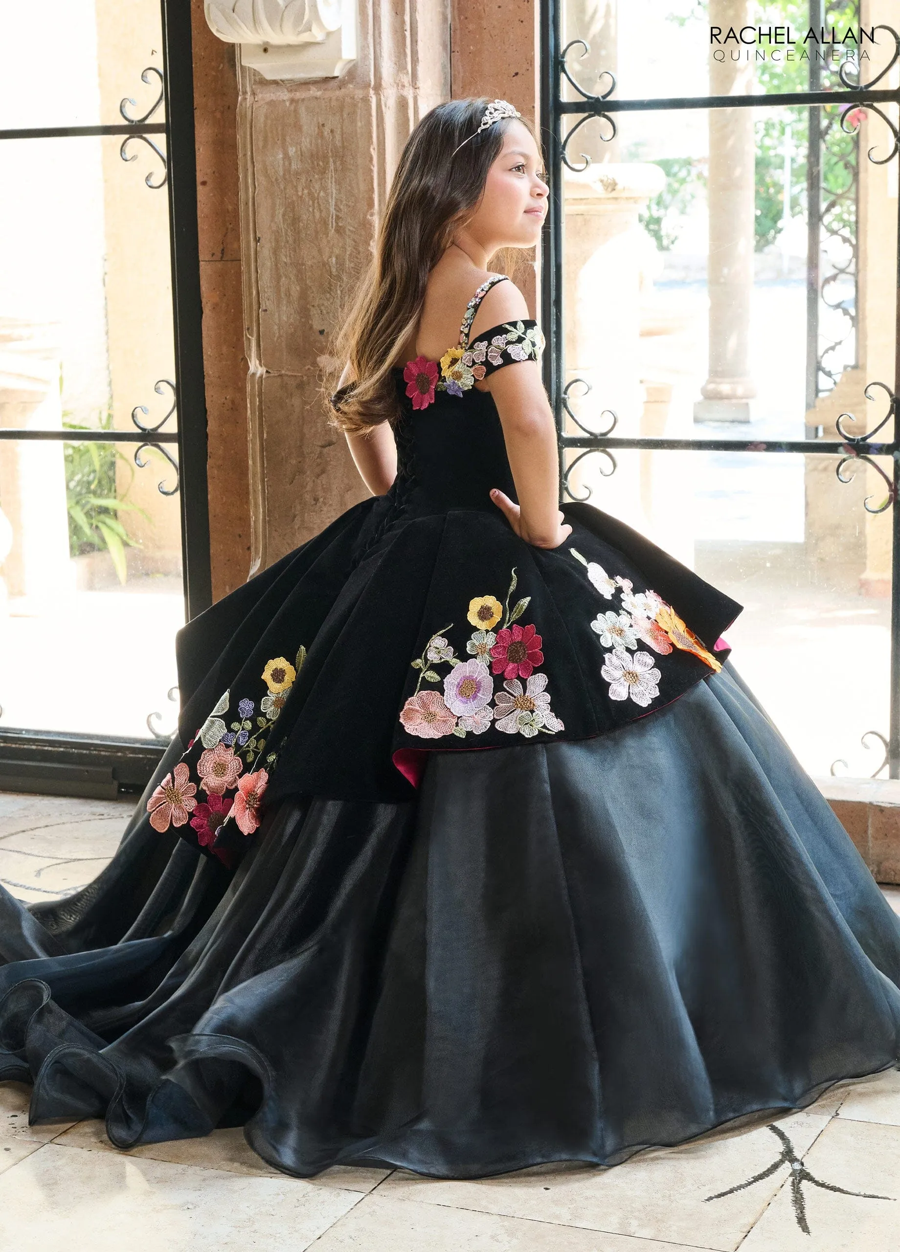 Girl's Floral Velvet Off Shoulder Gown by Rachel Allan RQ4044