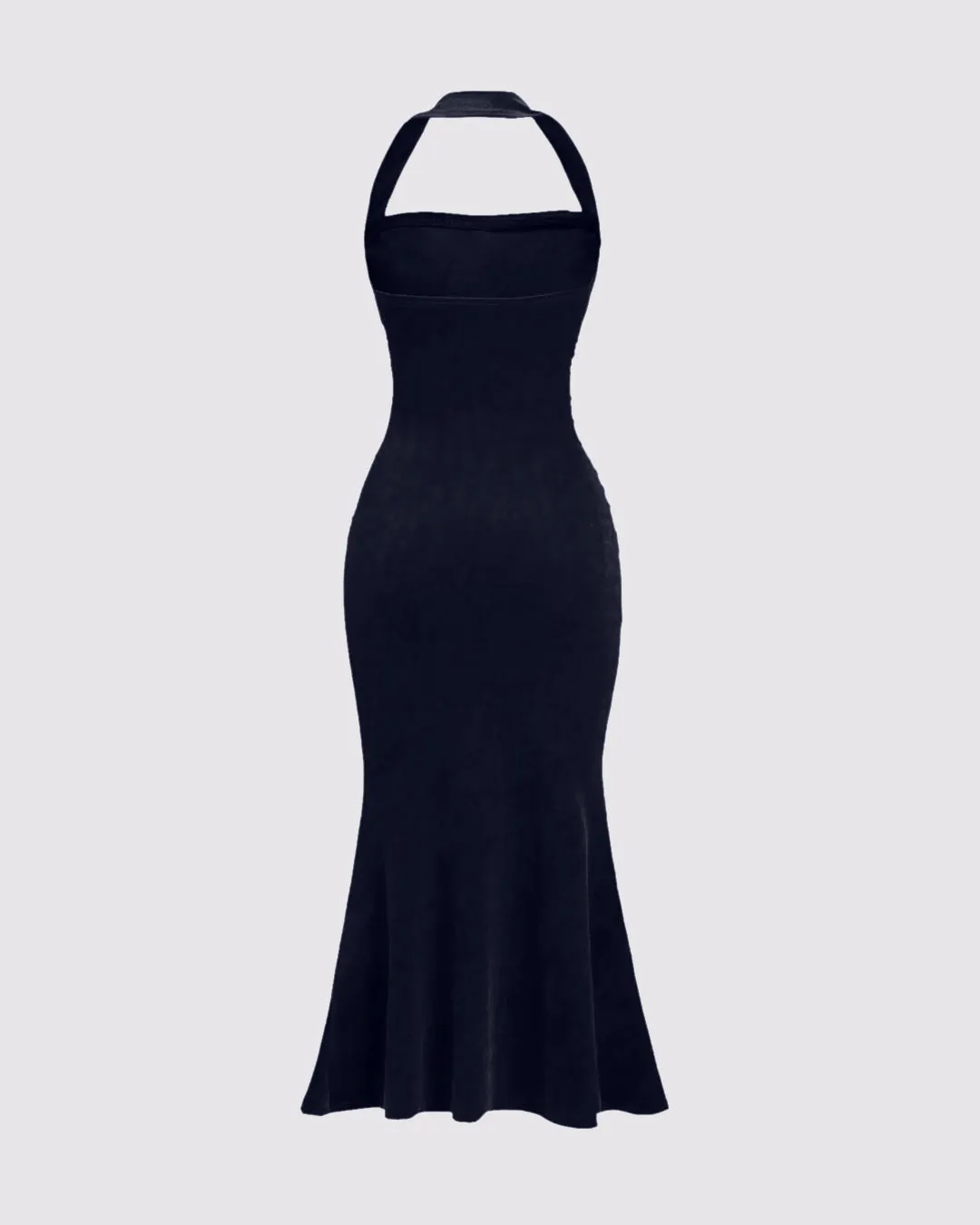 Halter Neck Ruched Backless Mermaid Dress In Navy Blue