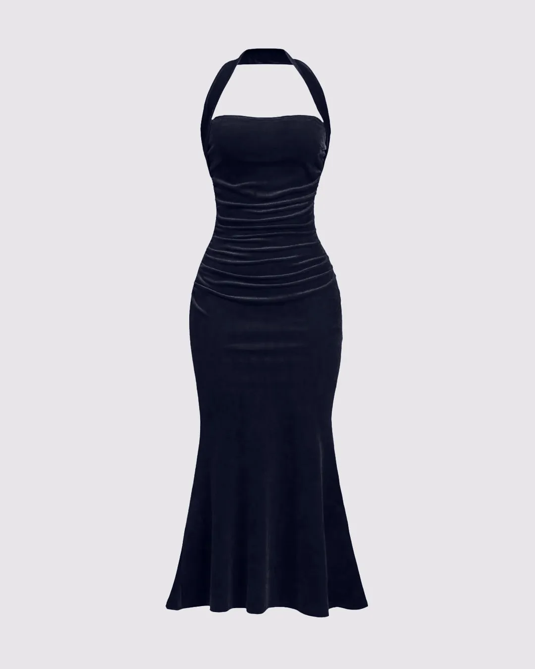 Halter Neck Ruched Backless Mermaid Dress In Navy Blue