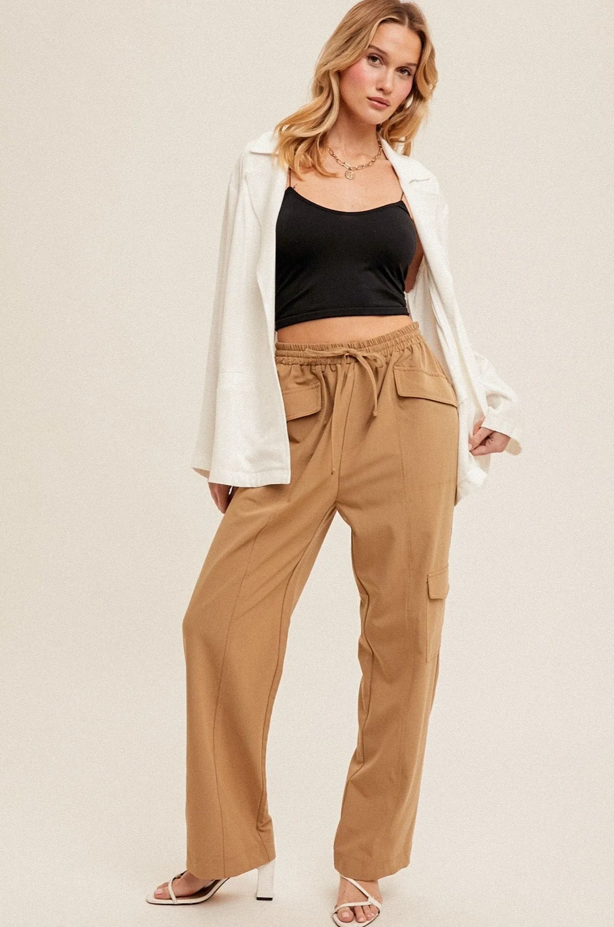 Hem & Thread Drawstring Waist Straight Leg Cargo Pants