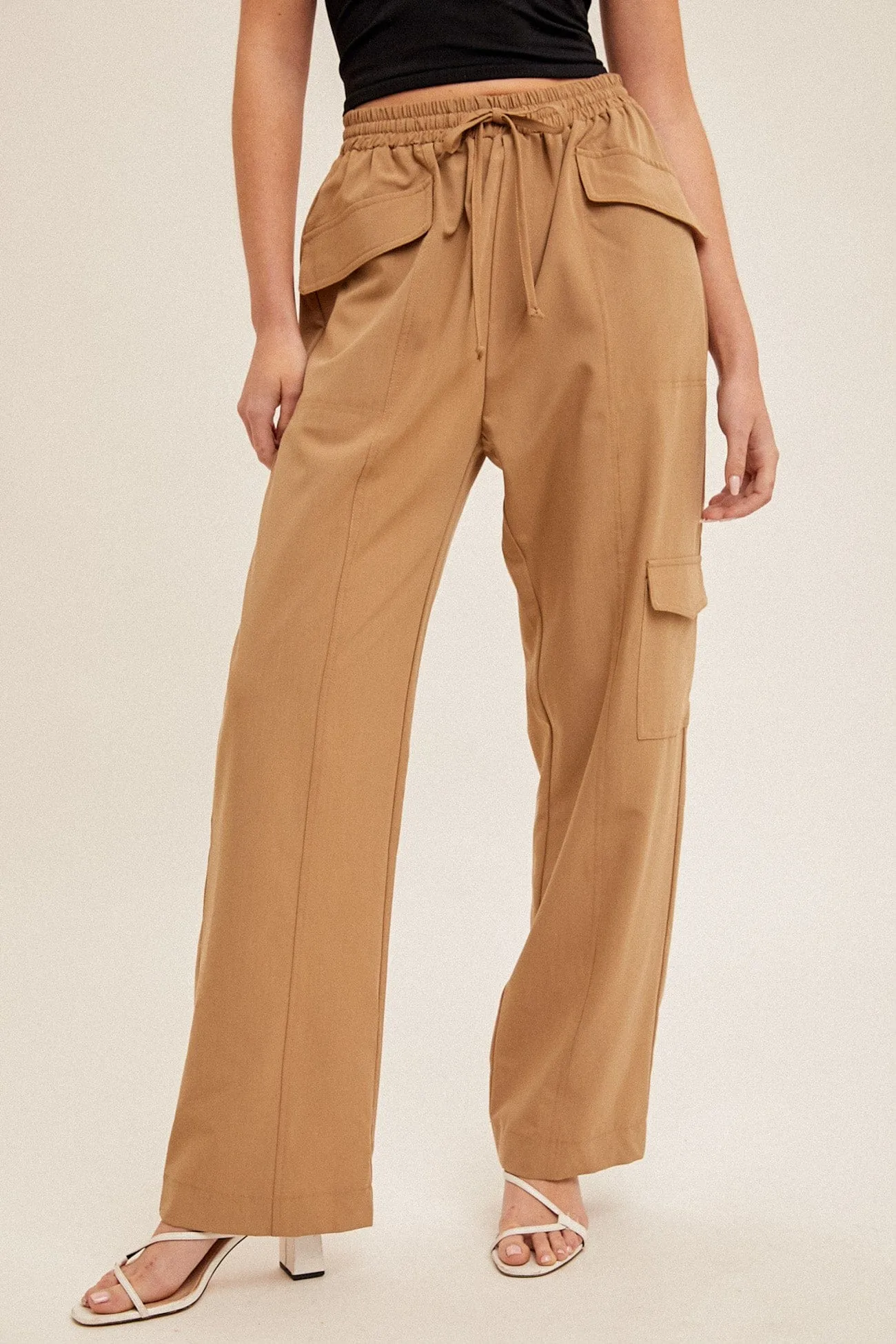 Hem & Thread Drawstring Waist Straight Leg Cargo Pants