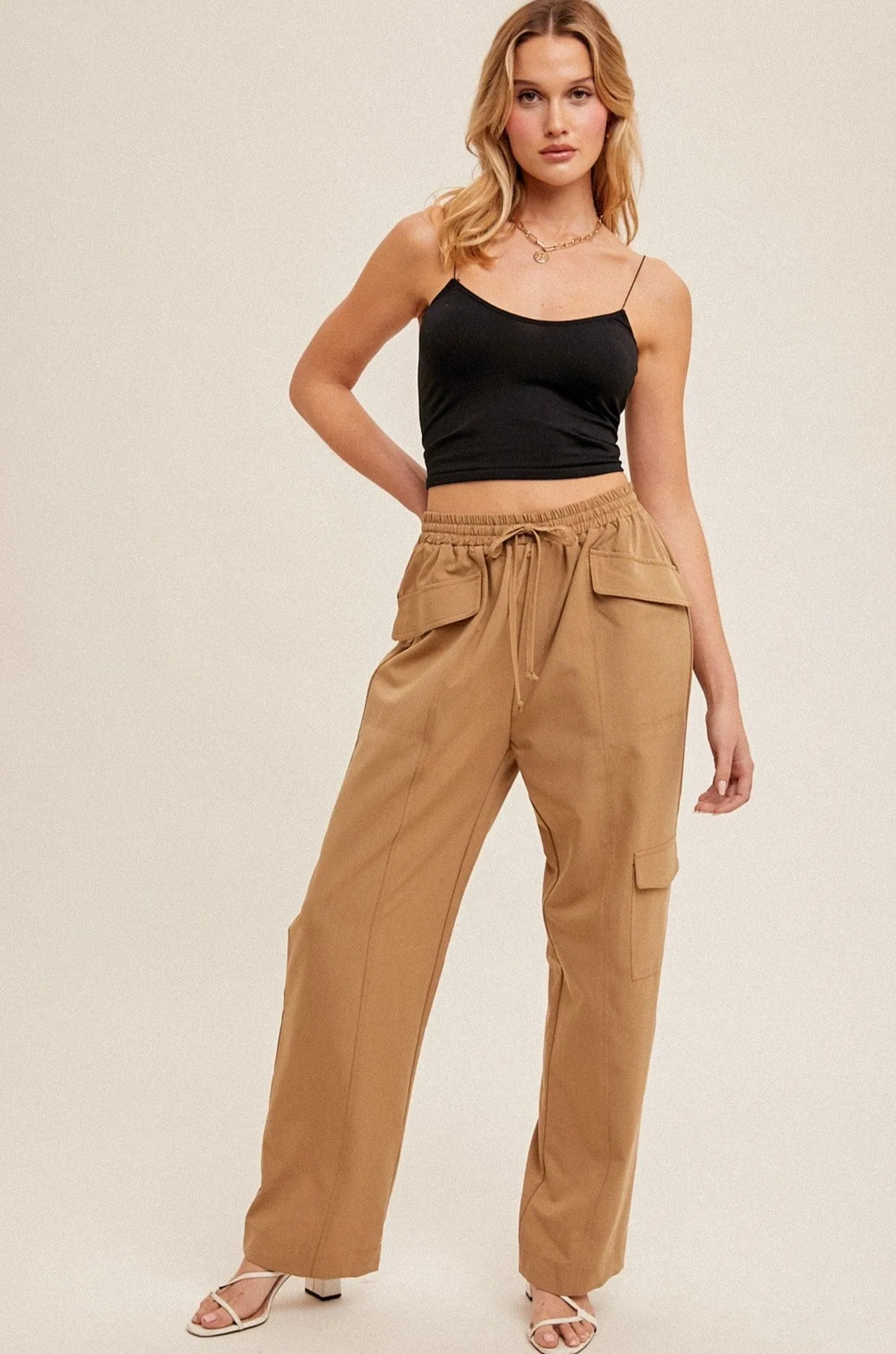 Hem & Thread Drawstring Waist Straight Leg Cargo Pants