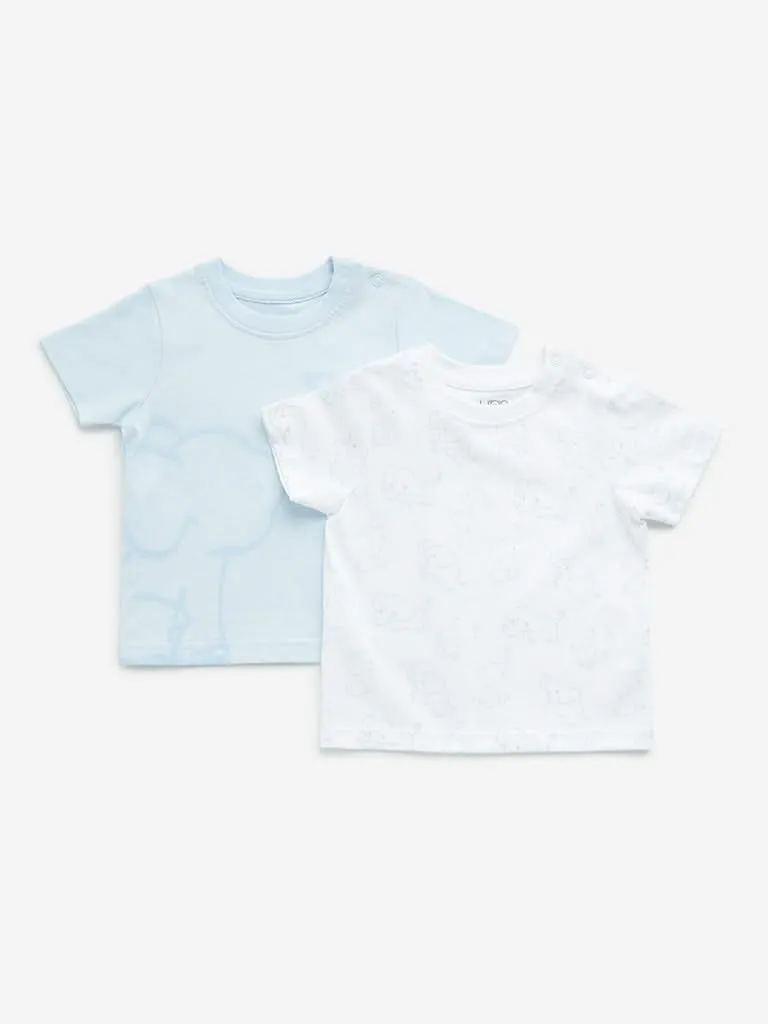 HOP Baby Light Blue Elephant Design Cotton T-Shirts - Pack of 2