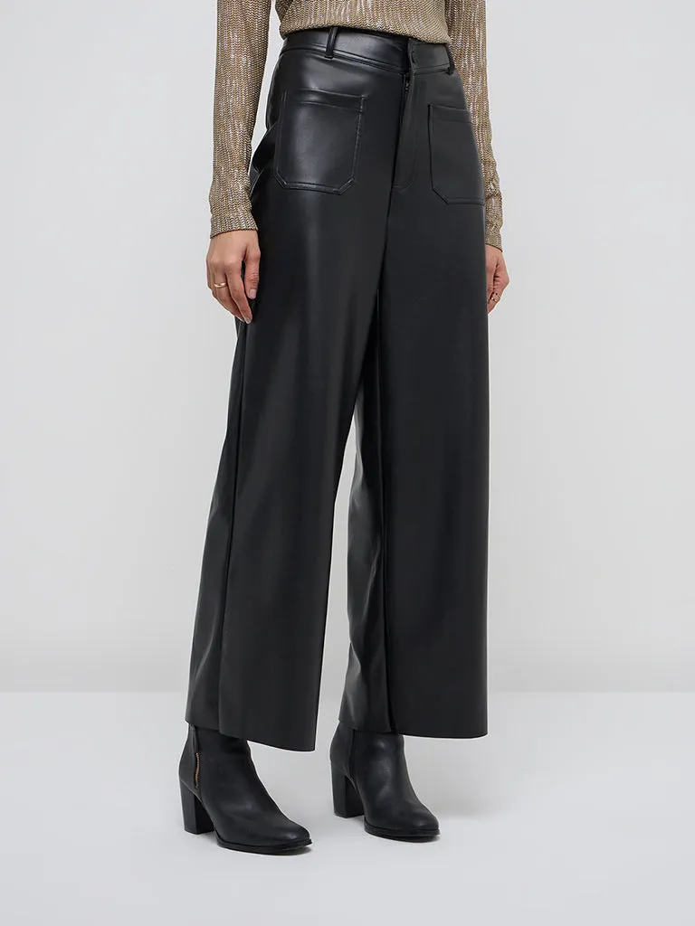 LOV Black Faux-Leather High-Rise Trousers