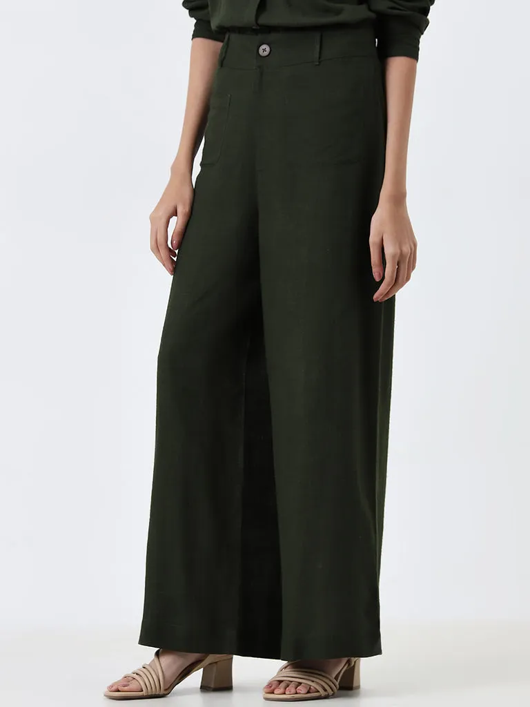 LOV Olive Solid High-Rise Trousers