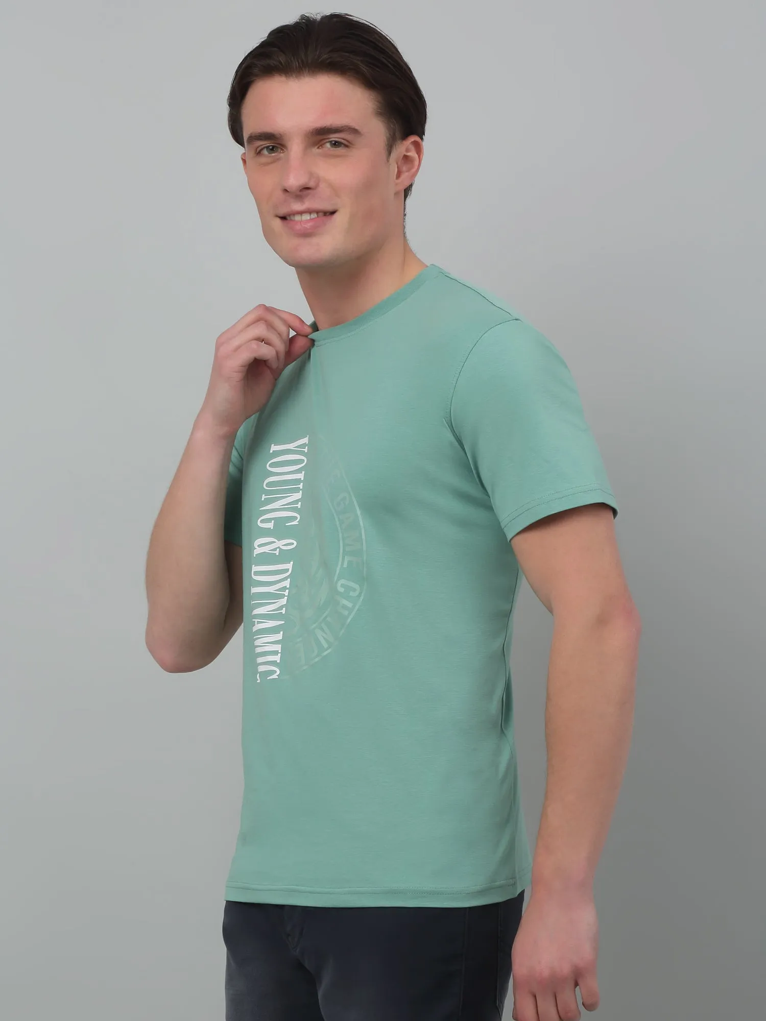 Men's Light Green Round neck Half Sleeve T-Shirt with Print