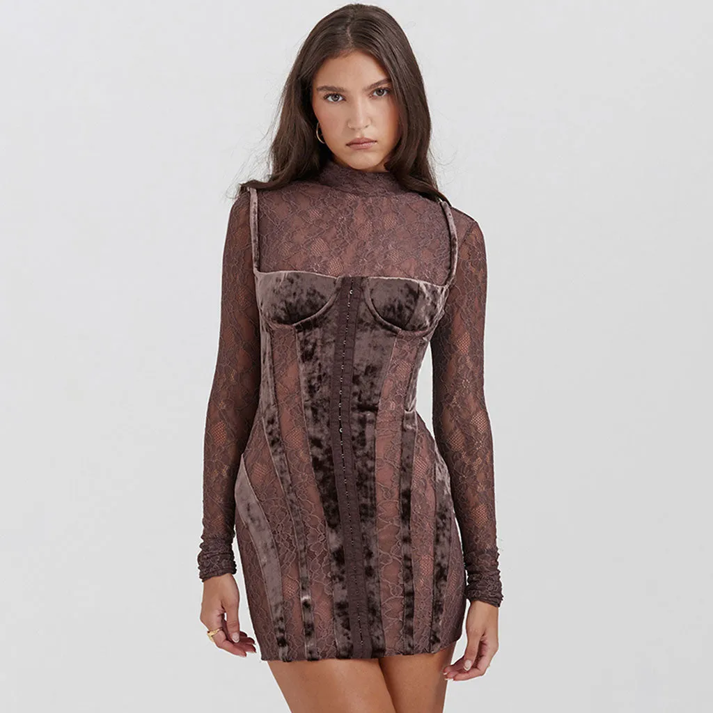 Nostalgic High Neck Long Sleeve Velvet Panel Sheer Lace Corset Mini Dress