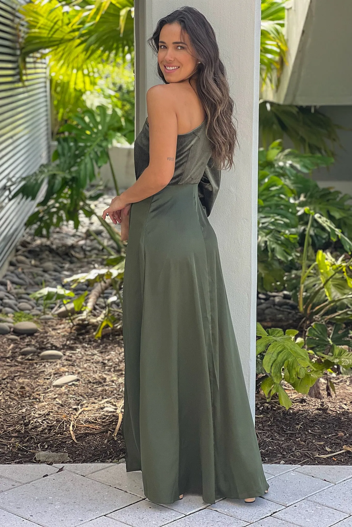 Olive One Shoulder Velvet Maxi Dress