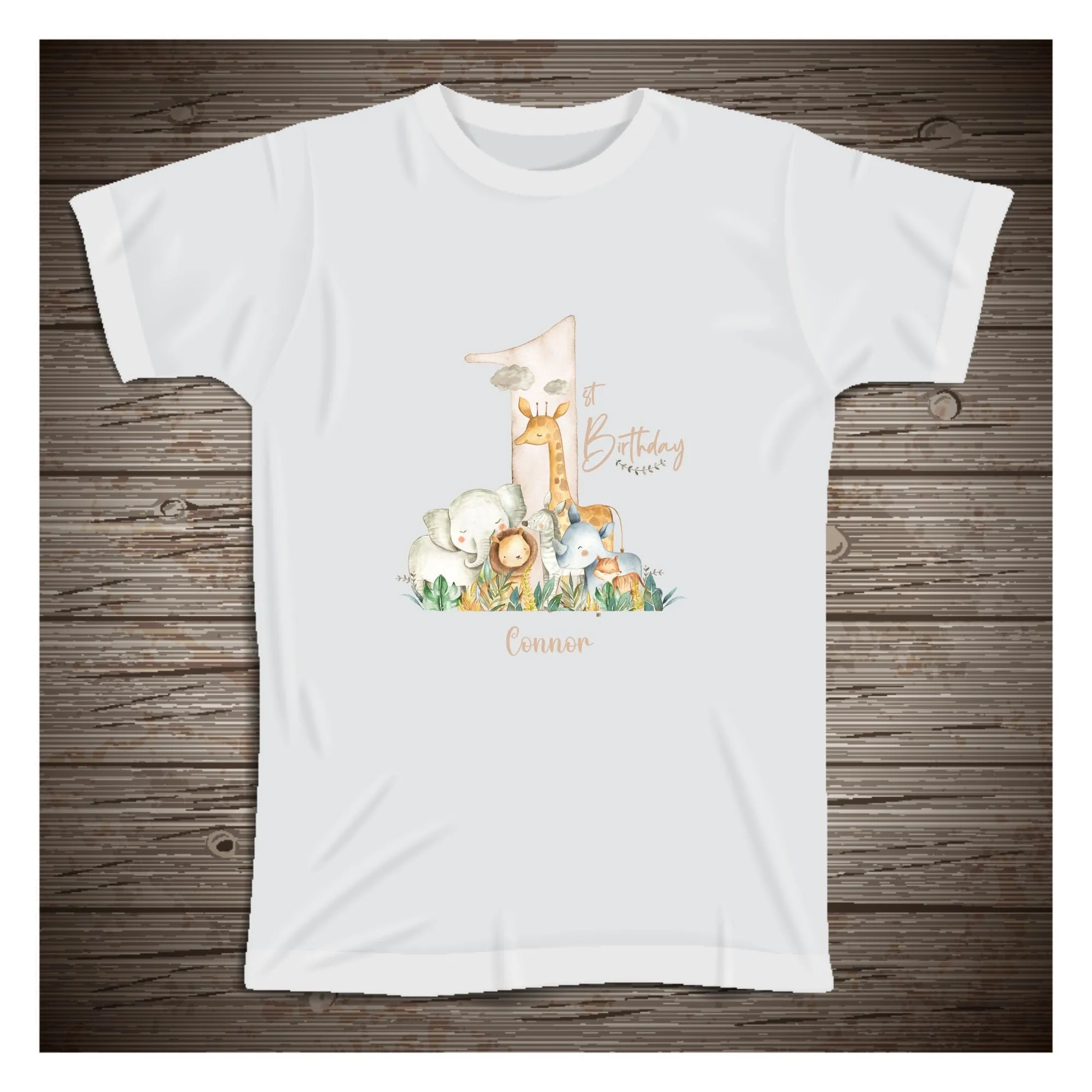 Personalised Safari Animals 1st Birthday T-shirt Little Boy, Little Girl Baby First Birthday - One Today - Safari