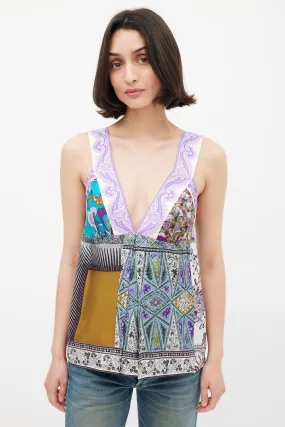 Purple & Multicolour Silk Mixed Printed V-Neck Top