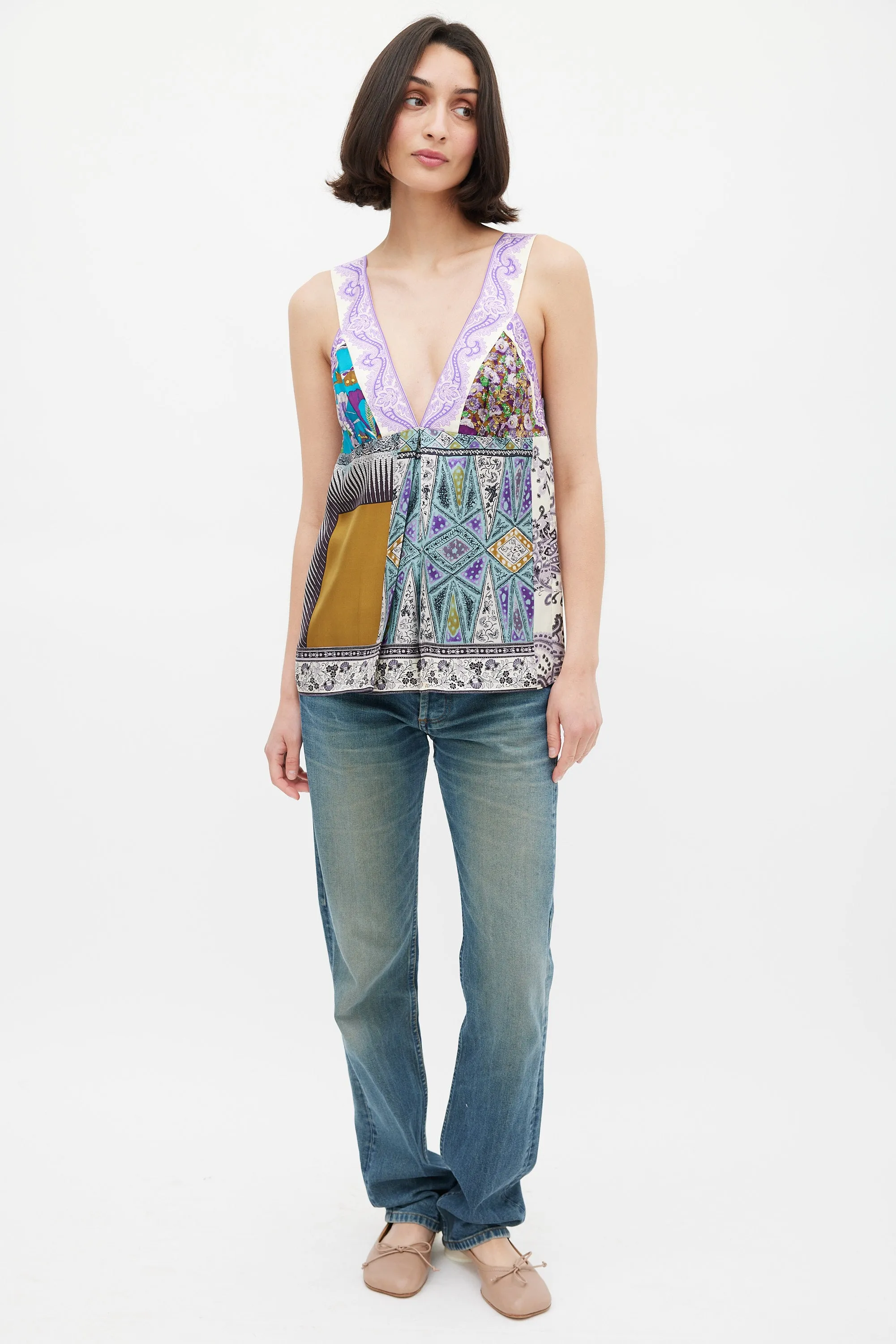 Purple & Multicolour Silk Mixed Printed V-Neck Top