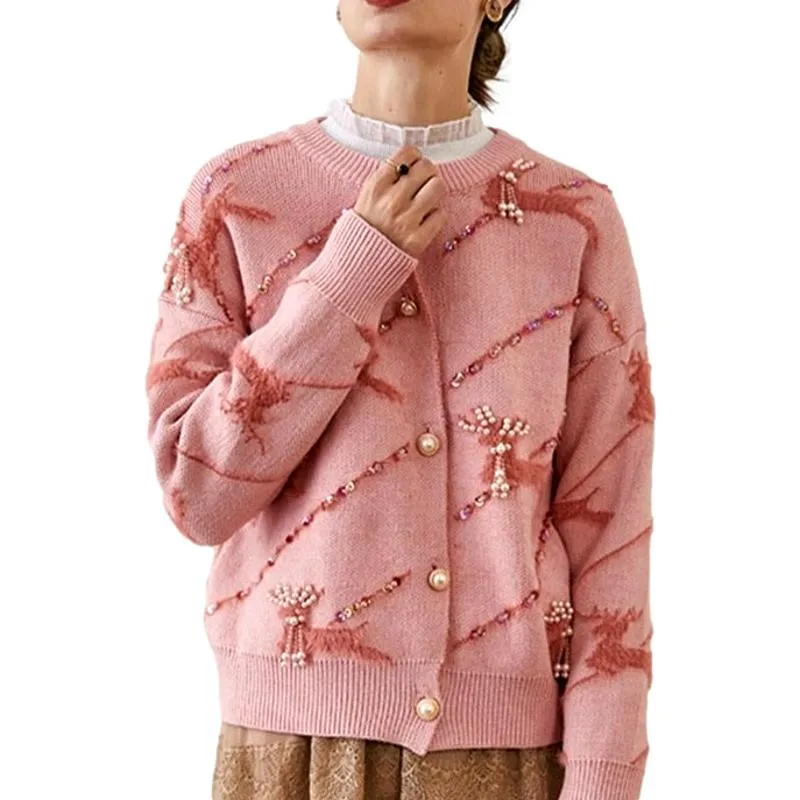 Round Neck Fawn Beaded Loose Pink Sewater Knitted Cardigan